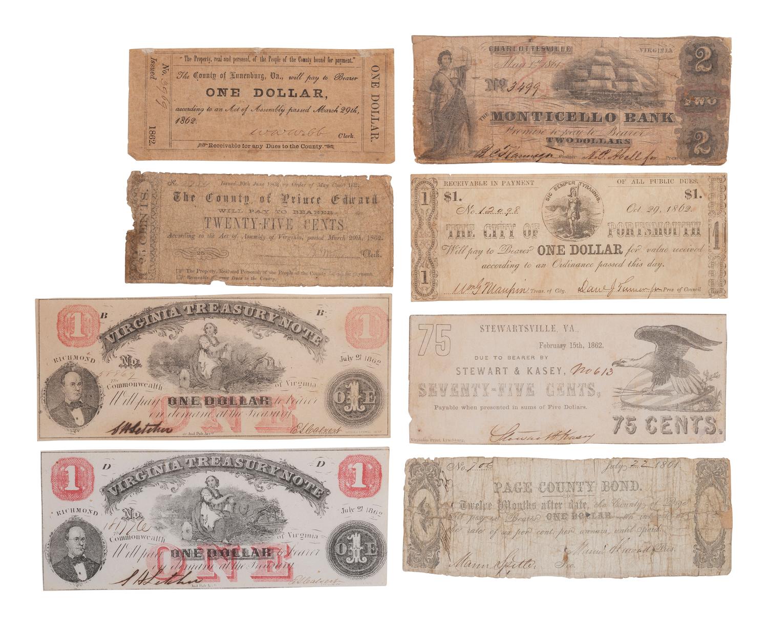 [CONFEDERATE - CURRENCY]. A variety of notes from Virginia, including: