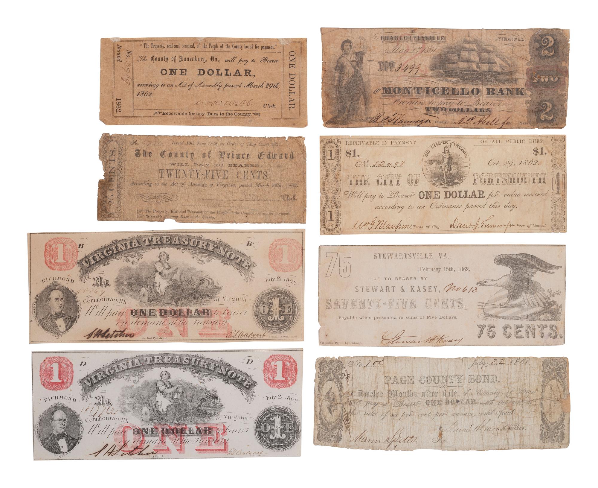 [CONFEDERATE - CURRENCY]. A variety of notes from Virginia, including: