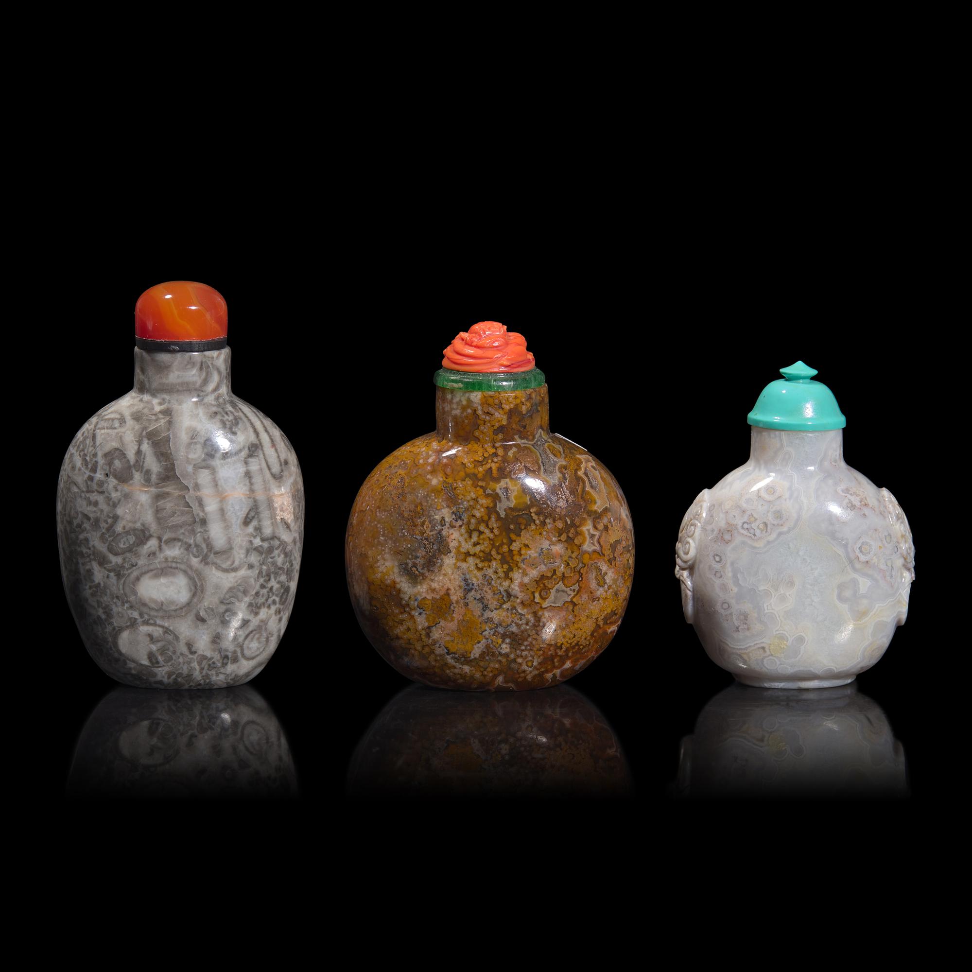 Three Chinese Agate and Fossiliferous Limestone Snuff Bottles