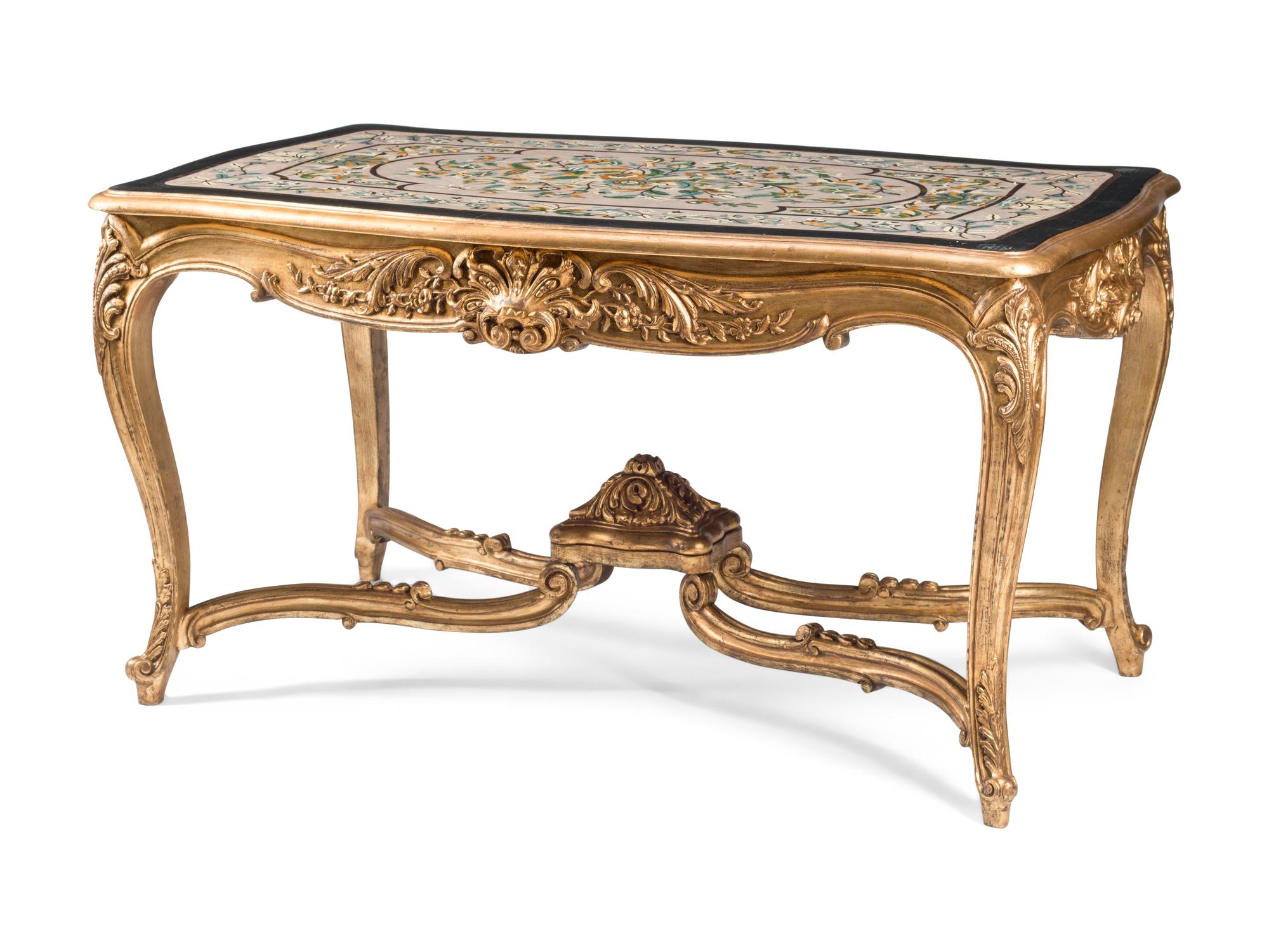 A Louis XV Style Carved Giltwood and Scagliola Table