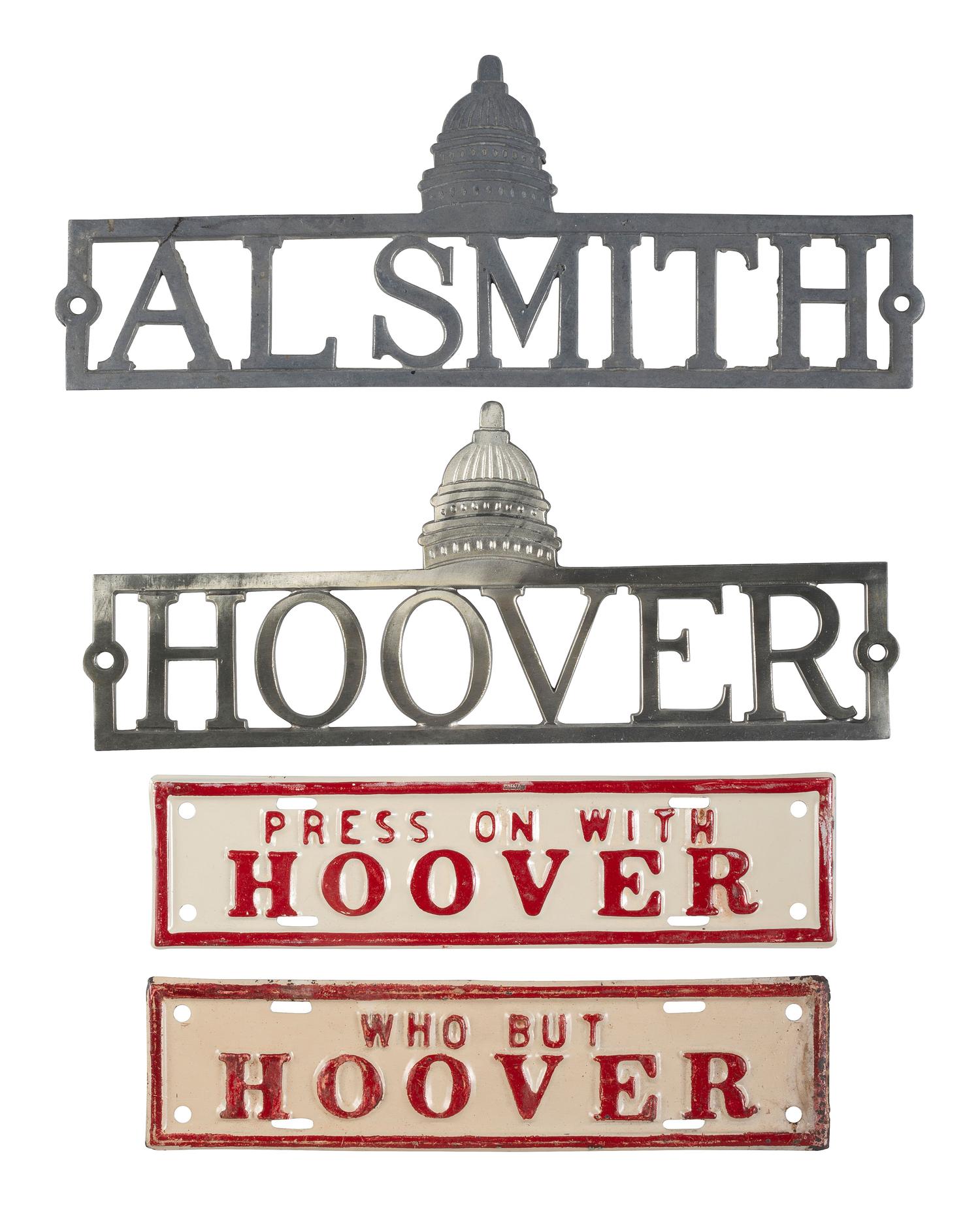 [POLITICS]. A group of 4 campaign license plates and license plate attachments promoting Herbert Hoover and Al Smith.