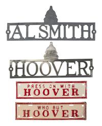 [POLITICS]. A group of 4 campaign license plates and license plate attachments promoting Herbert Hoover and Al Smith.