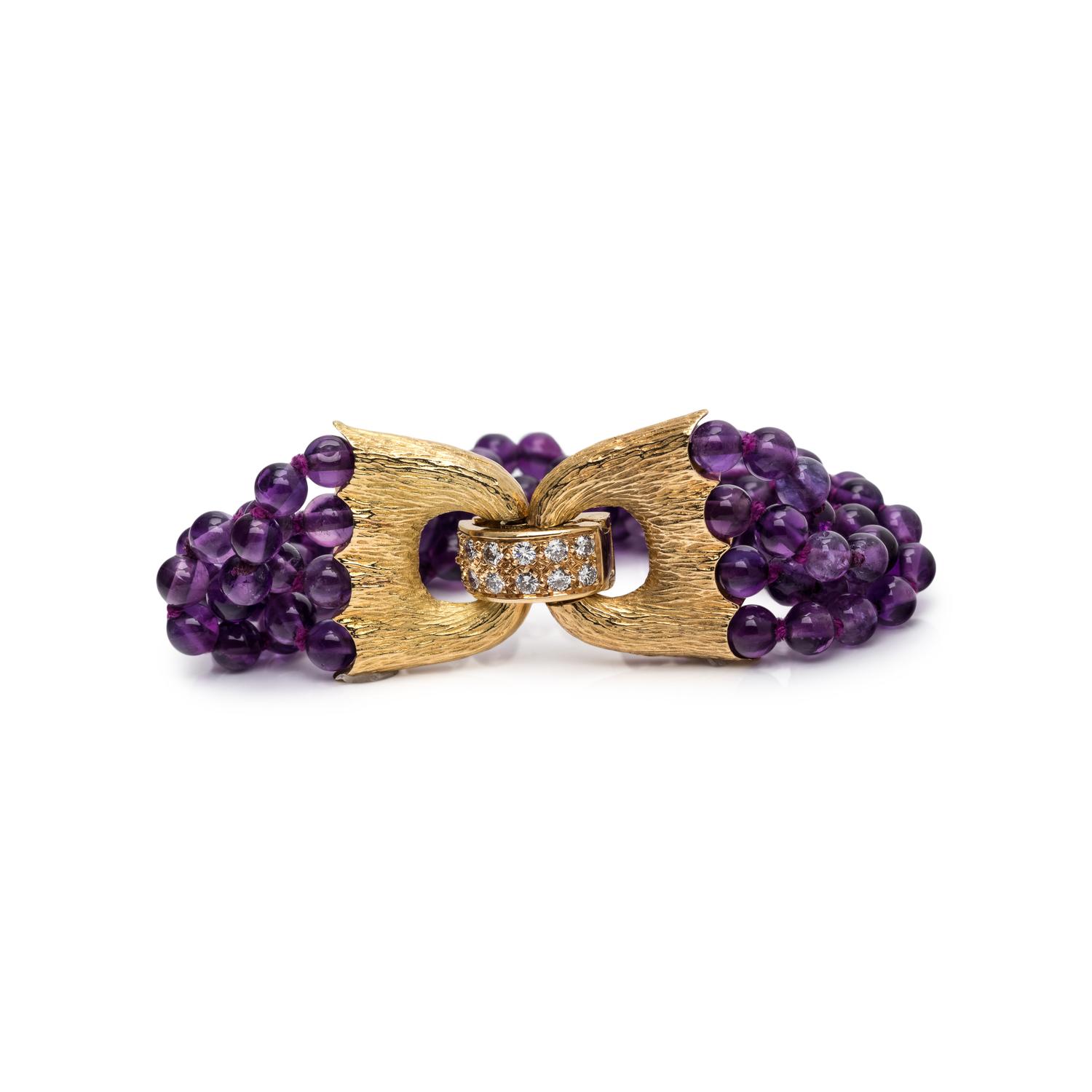YELLOW GOLD, DIAMOND AND AMETHYST BEAD BRACELET