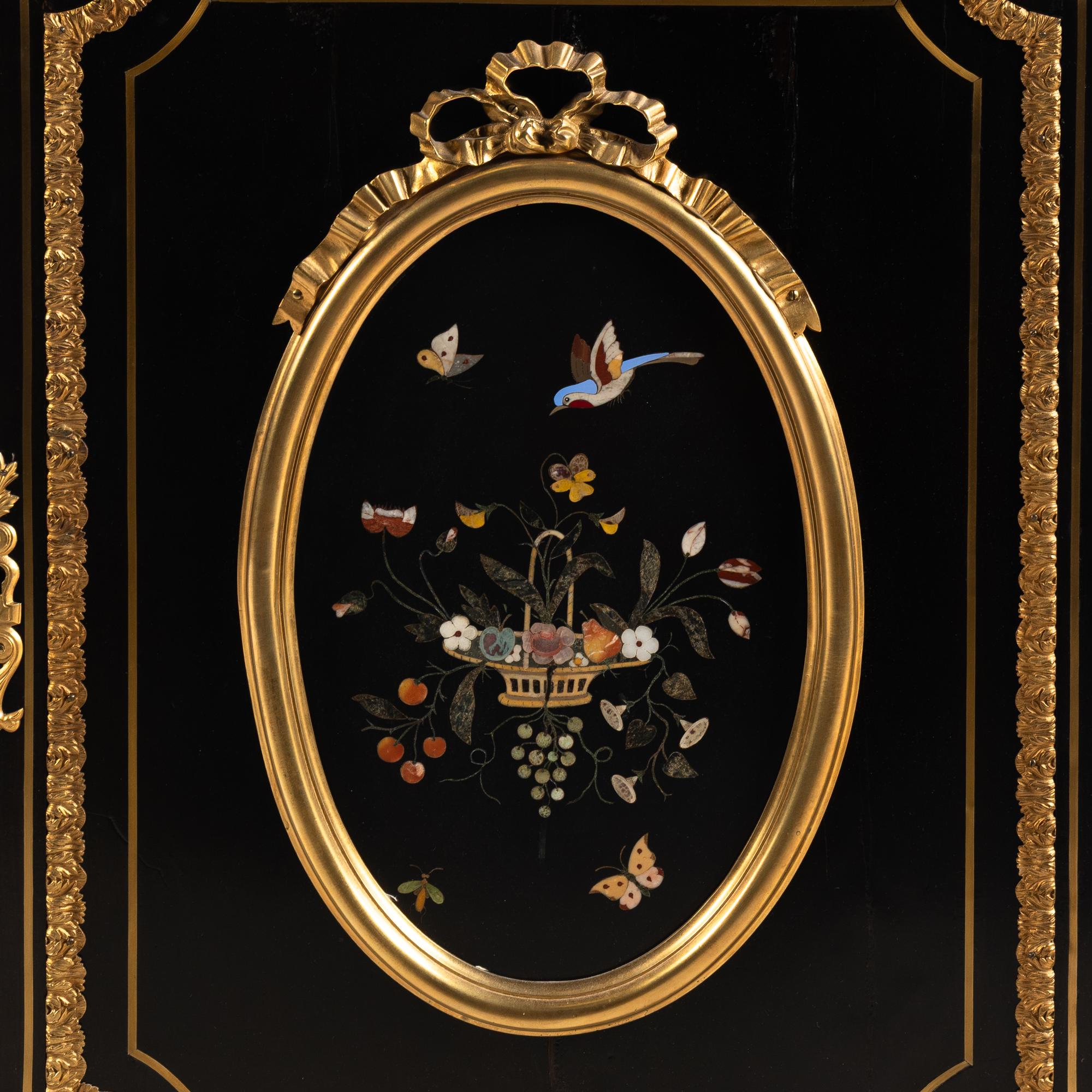 A Napoleon III Style Ebonized, Gilt Bronze and Pietra Dura Plaque Mounted Marble-Top Meuble d’Appui