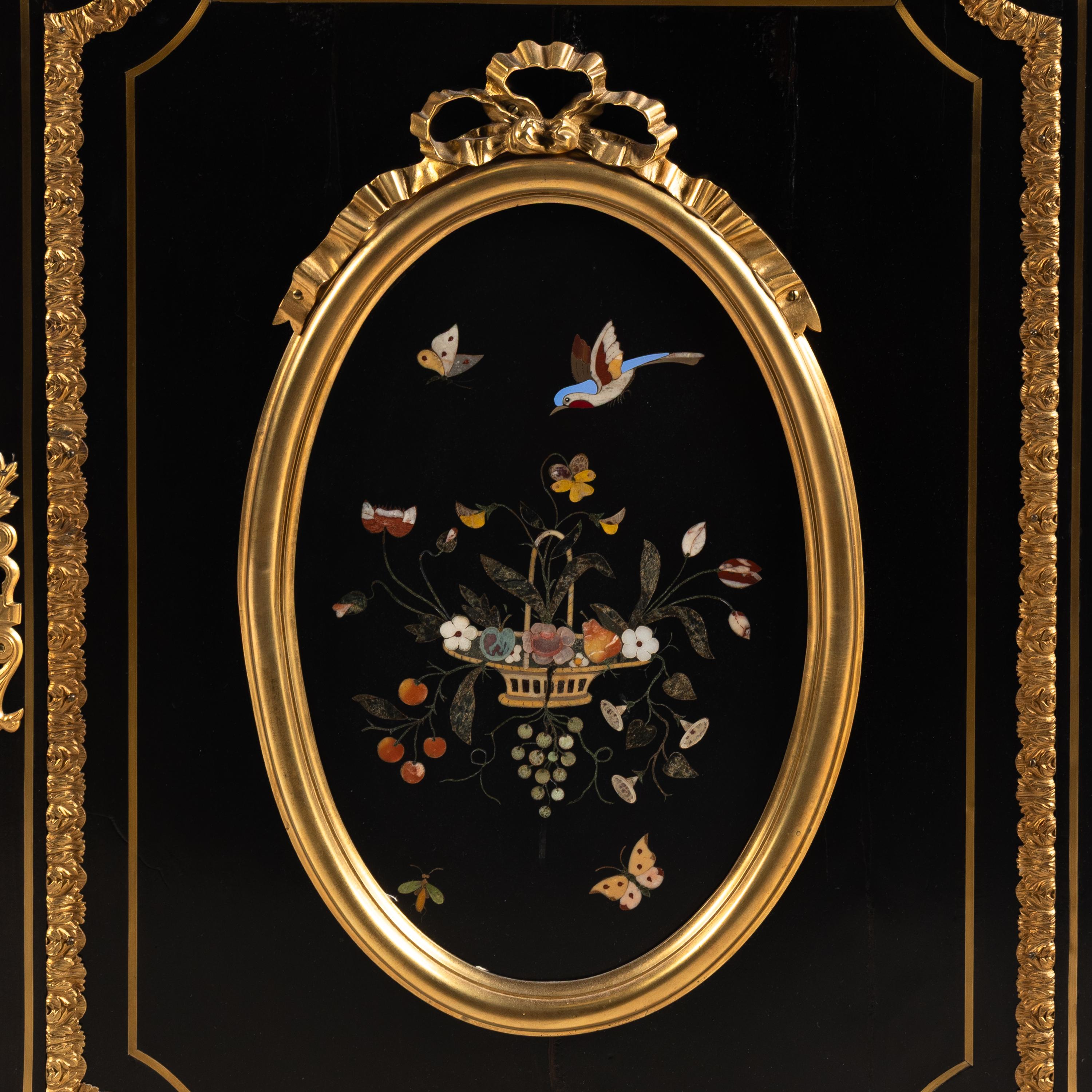 A Napoleon III Style Ebonized, Gilt Bronze and Pietra Dura Plaque Mounted Marble-Top Meuble d’Appui