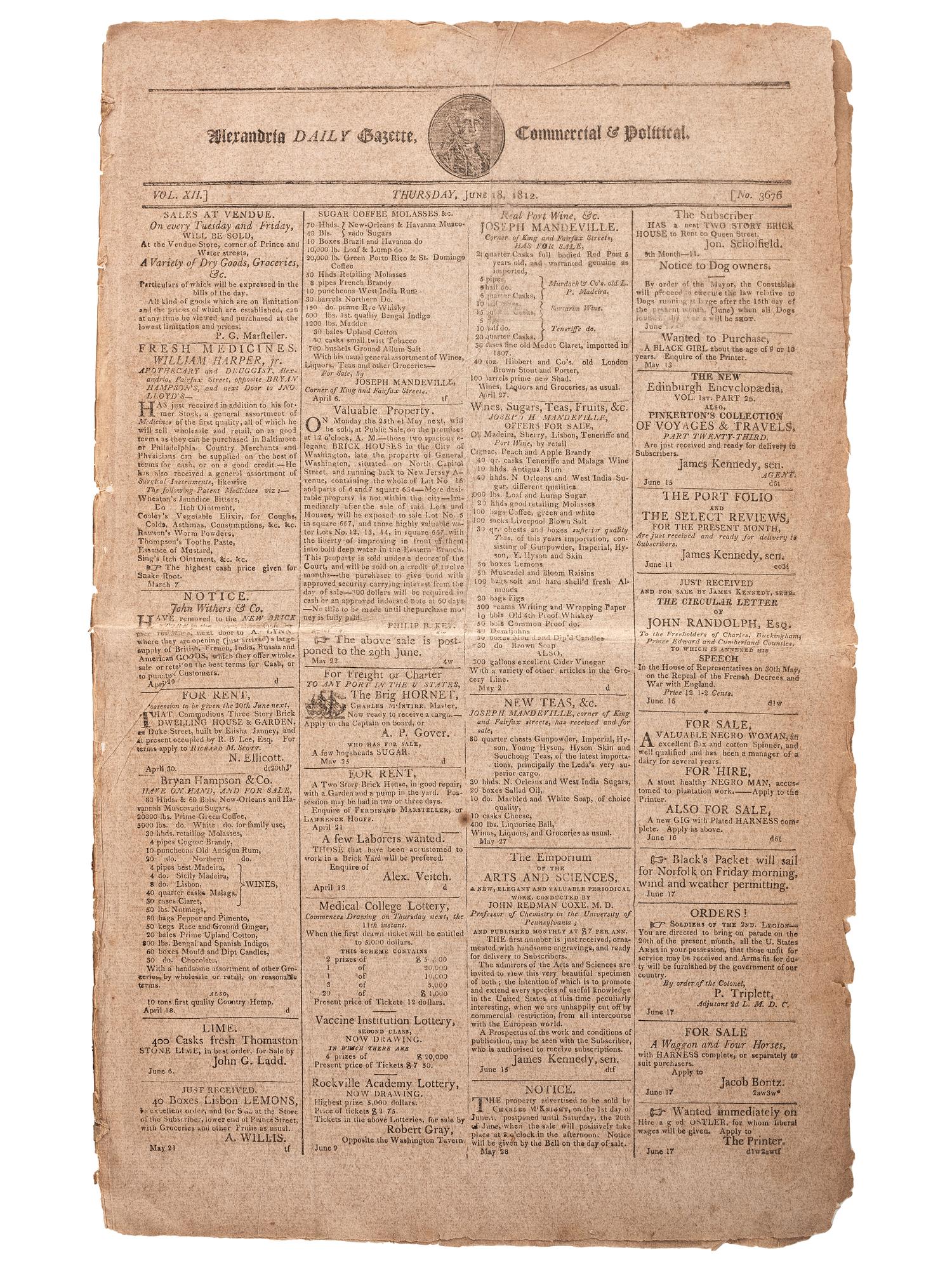 [SLAVERY & ABOLITION]. Alexandria Daily Gazette, Commercial & Political. Vol. XII, No. 3676. Alexandria, VA, 18 June 1812.