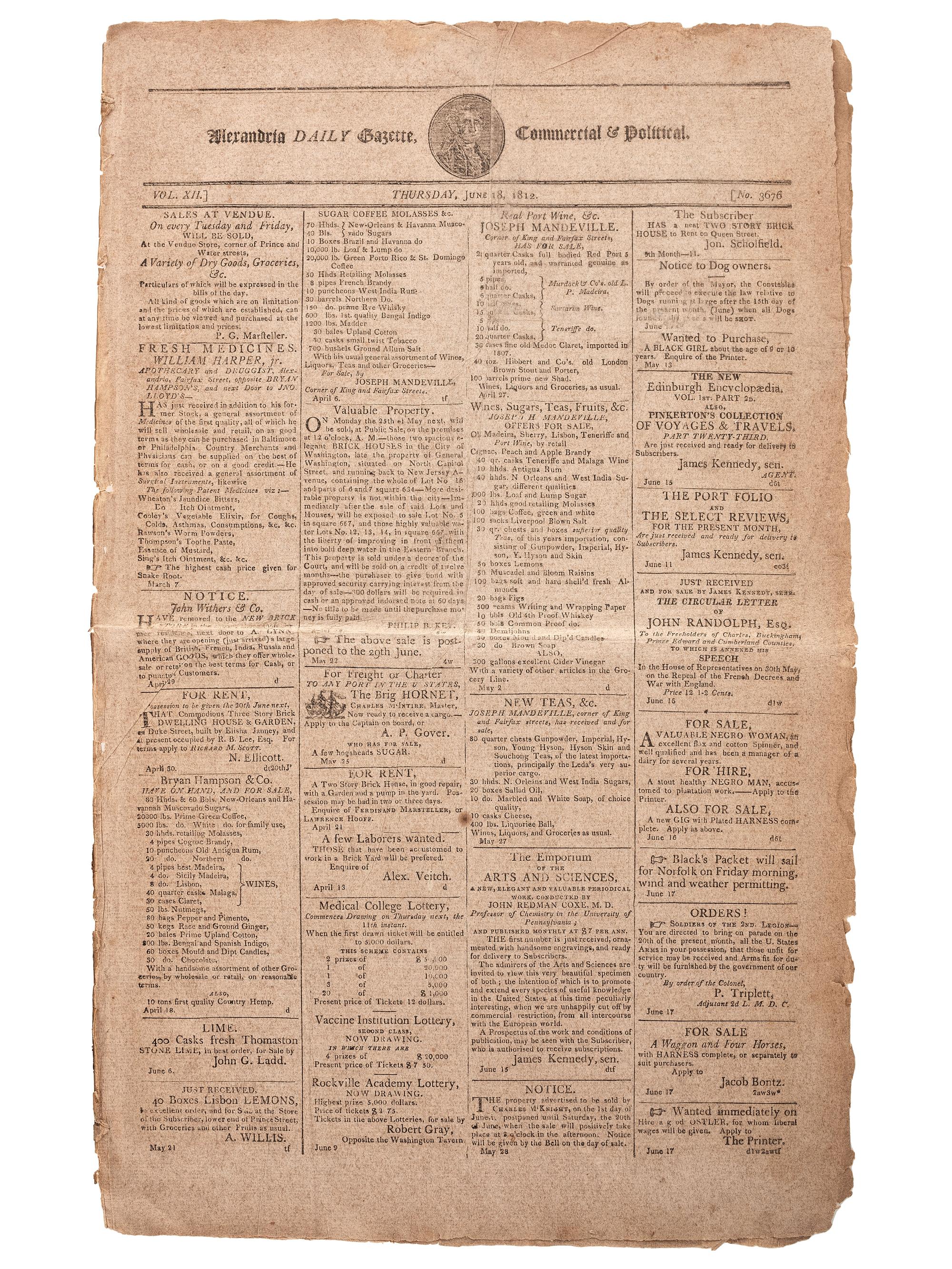 [SLAVERY & ABOLITION]. Alexandria Daily Gazette, Commercial & Political. Vol. XII, No. 3676. Alexandria, VA, 18 June 1812.