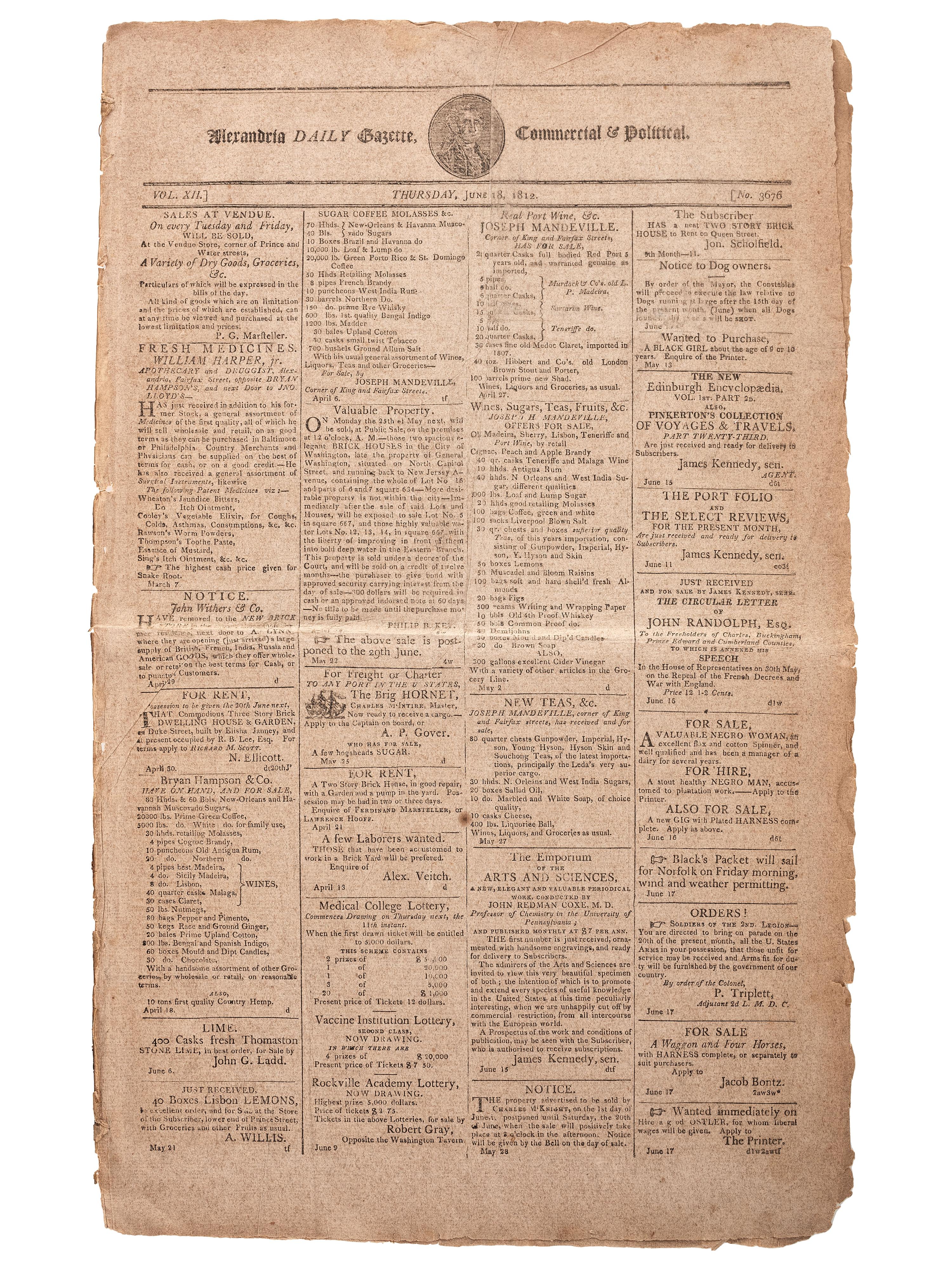 [SLAVERY & ABOLITION]. Alexandria Daily Gazette, Commercial & Political. Vol. XII, No. 3676. Alexandria, VA, 18 June 1812.