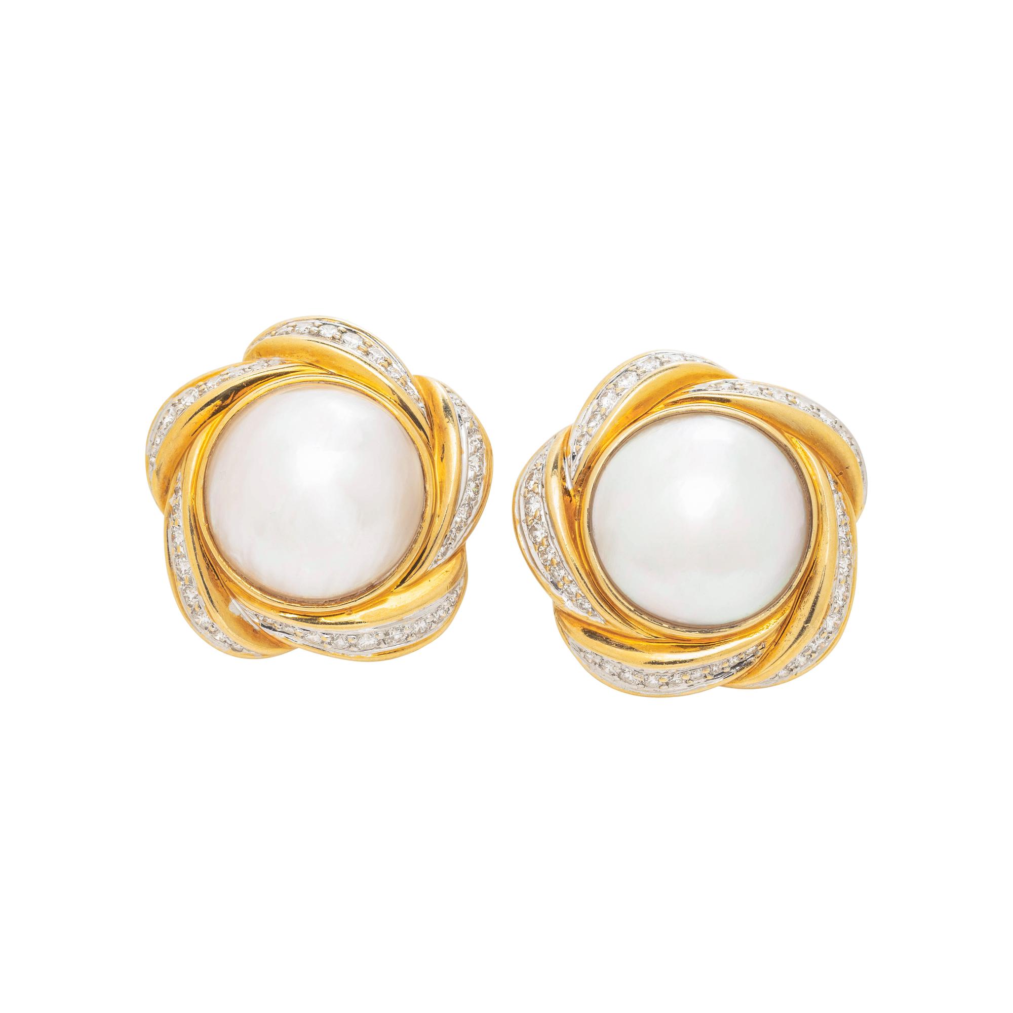 CULTURED MABE PEARL AND DIAMOND EARCLIPS