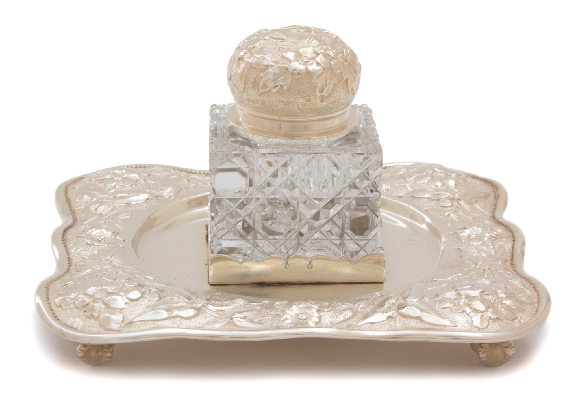 An American Silver and Cut-Glass Inkwell on Stand, 20th Century, Bigelow, Kennard & Co., Boston, MA,
