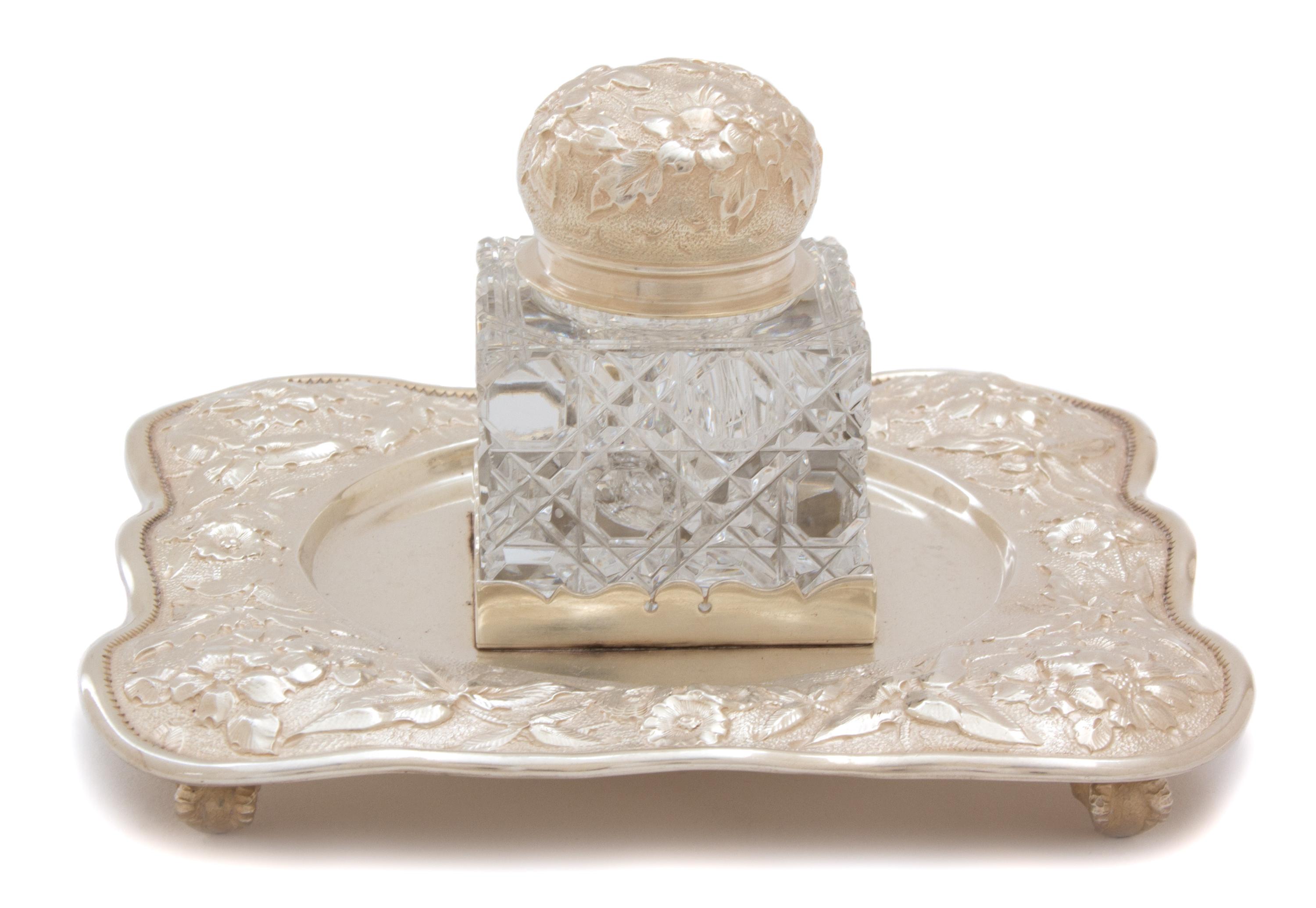 An American Silver and Cut-Glass Inkwell on Stand, 20th Century, Bigelow, Kennard & Co., Boston, MA,