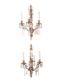 A Set of Six Napoleon III Style Gilt Metal and Glass Three-Light Sconces