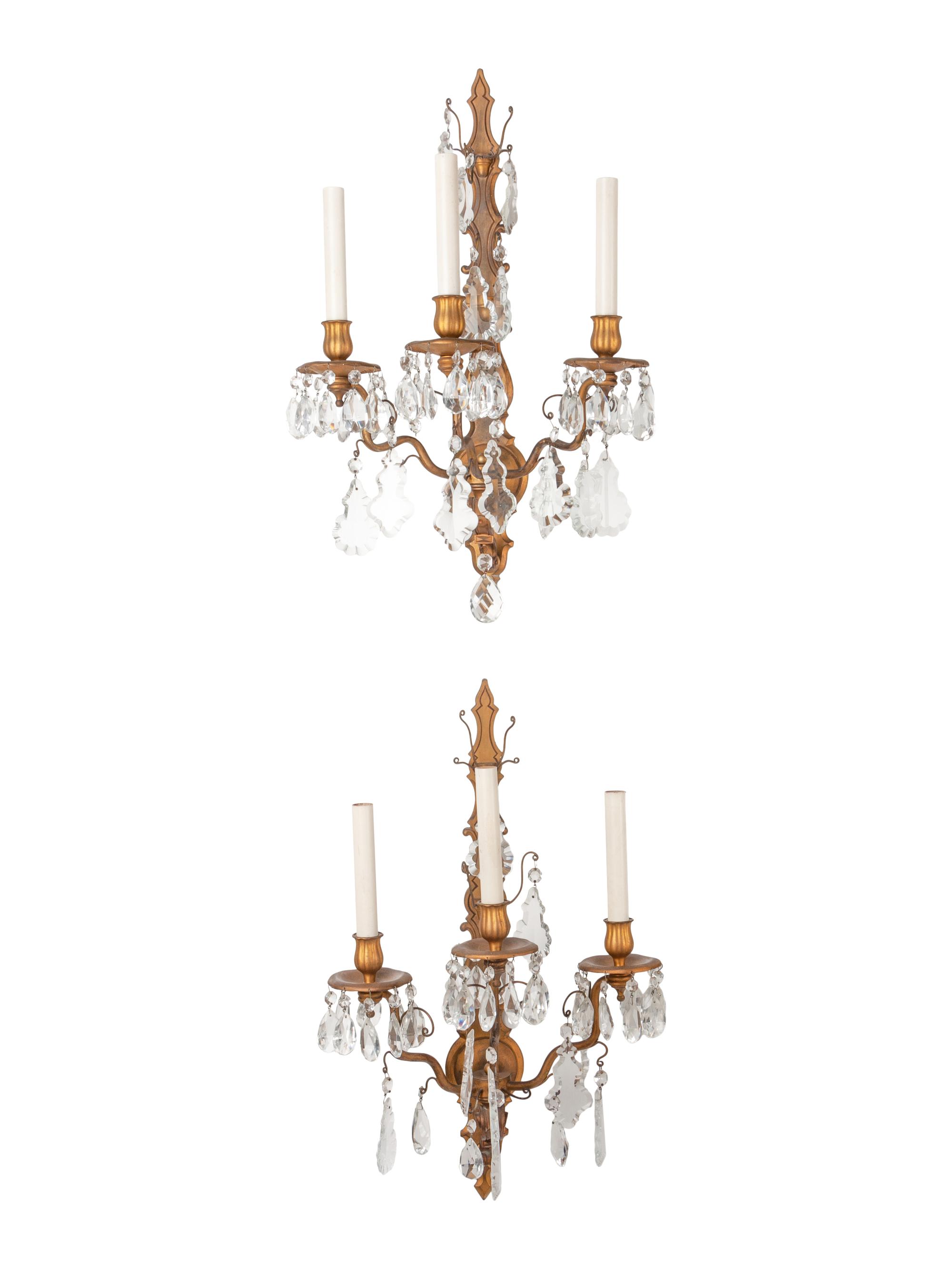 A Set of Six Napoleon III Style Gilt Metal and Glass Three-Light Sconces