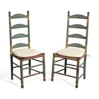 A Pair of Green-Painted and Decorated Ladder-Back Rush-Seat Side Chairs