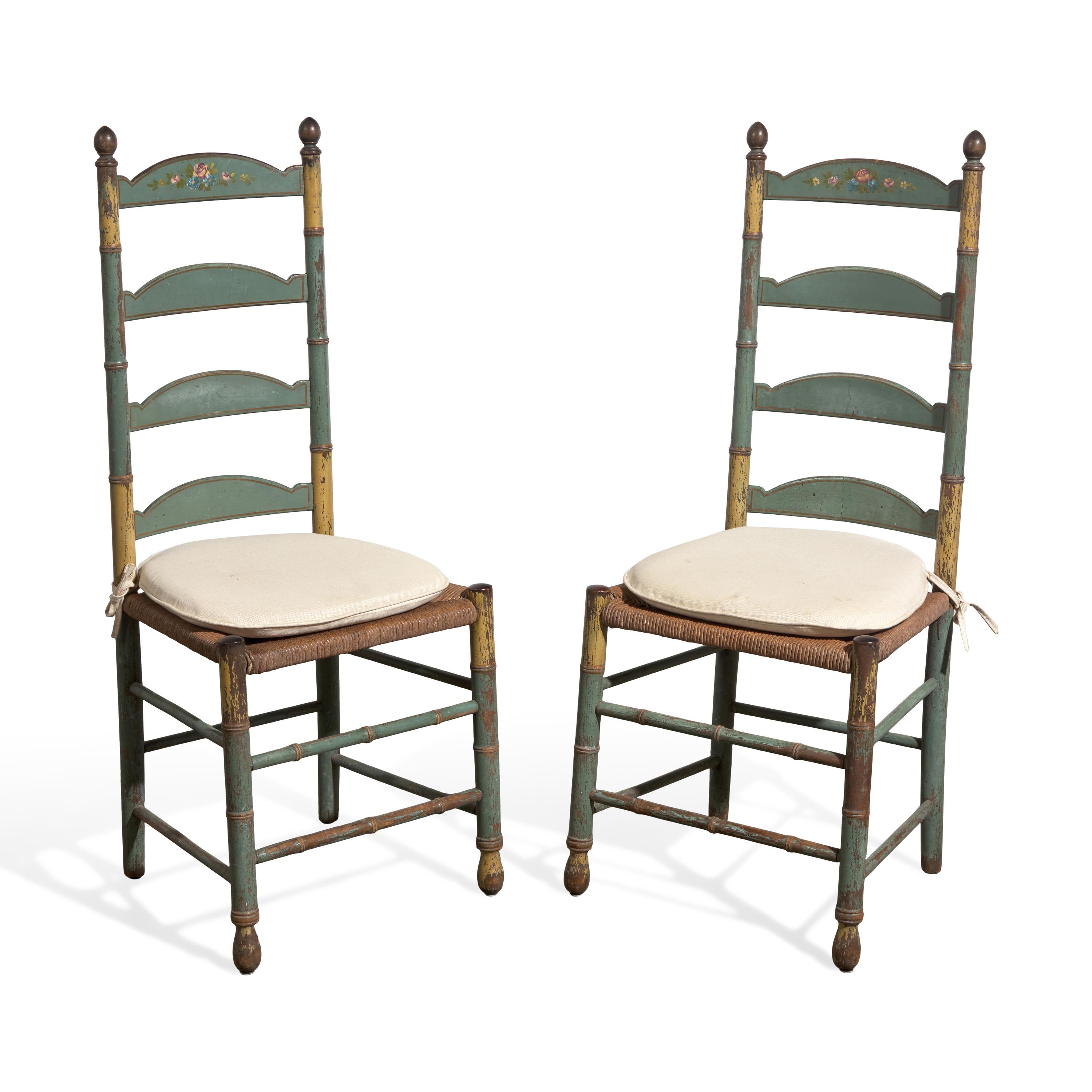 A Pair of Green-Painted and Decorated Ladder-Back Rush-Seat Side Chairs