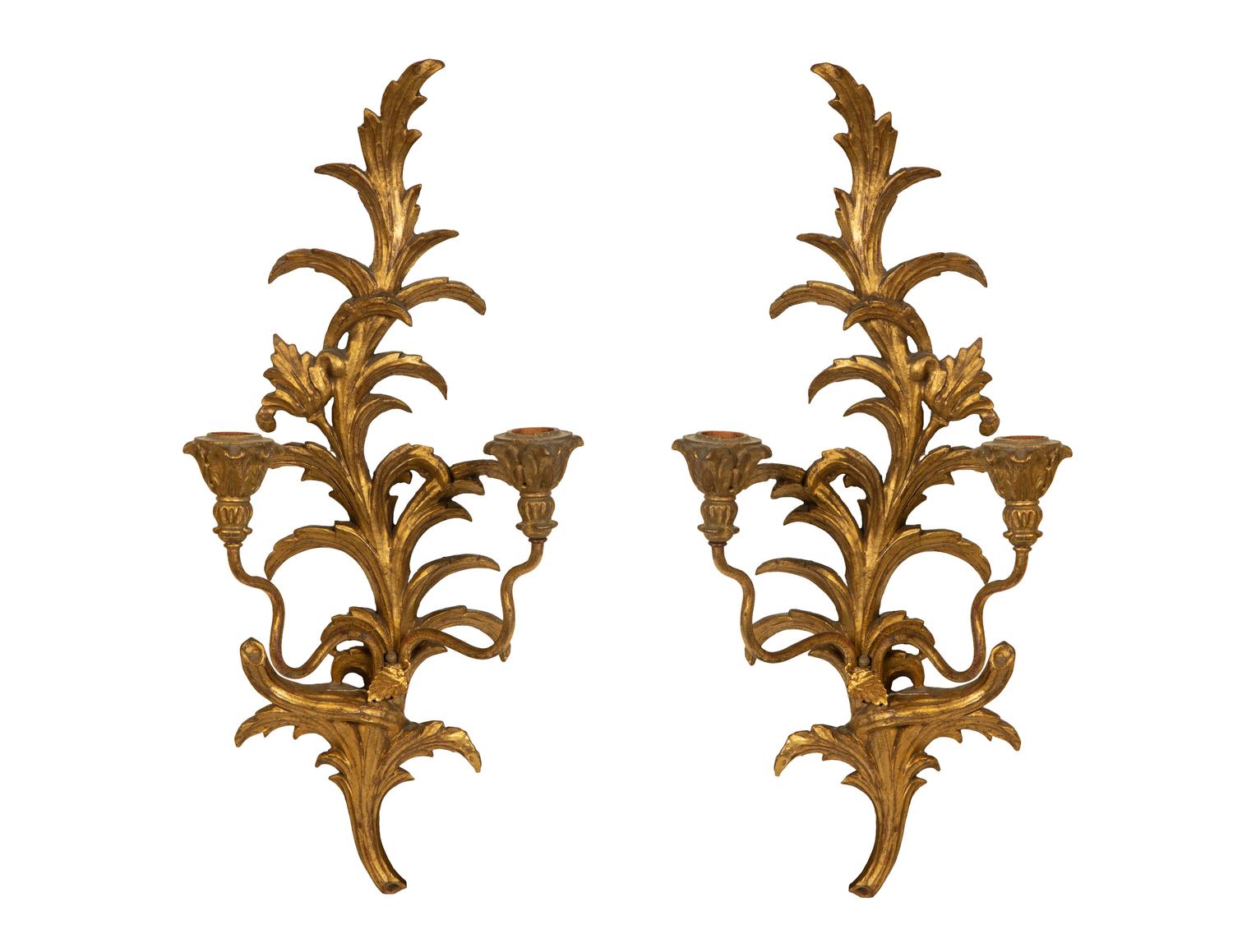 A Pair of Italian Carved Giltwood Two-Light Sconces