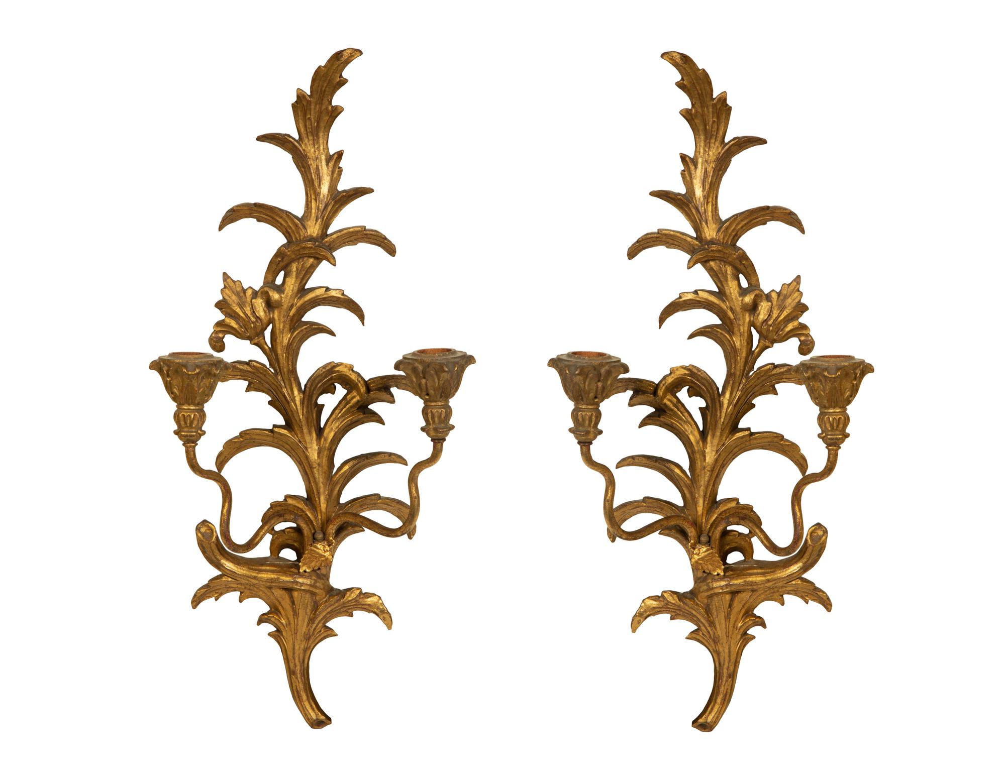 A Pair of Italian Carved Giltwood Two-Light Sconces