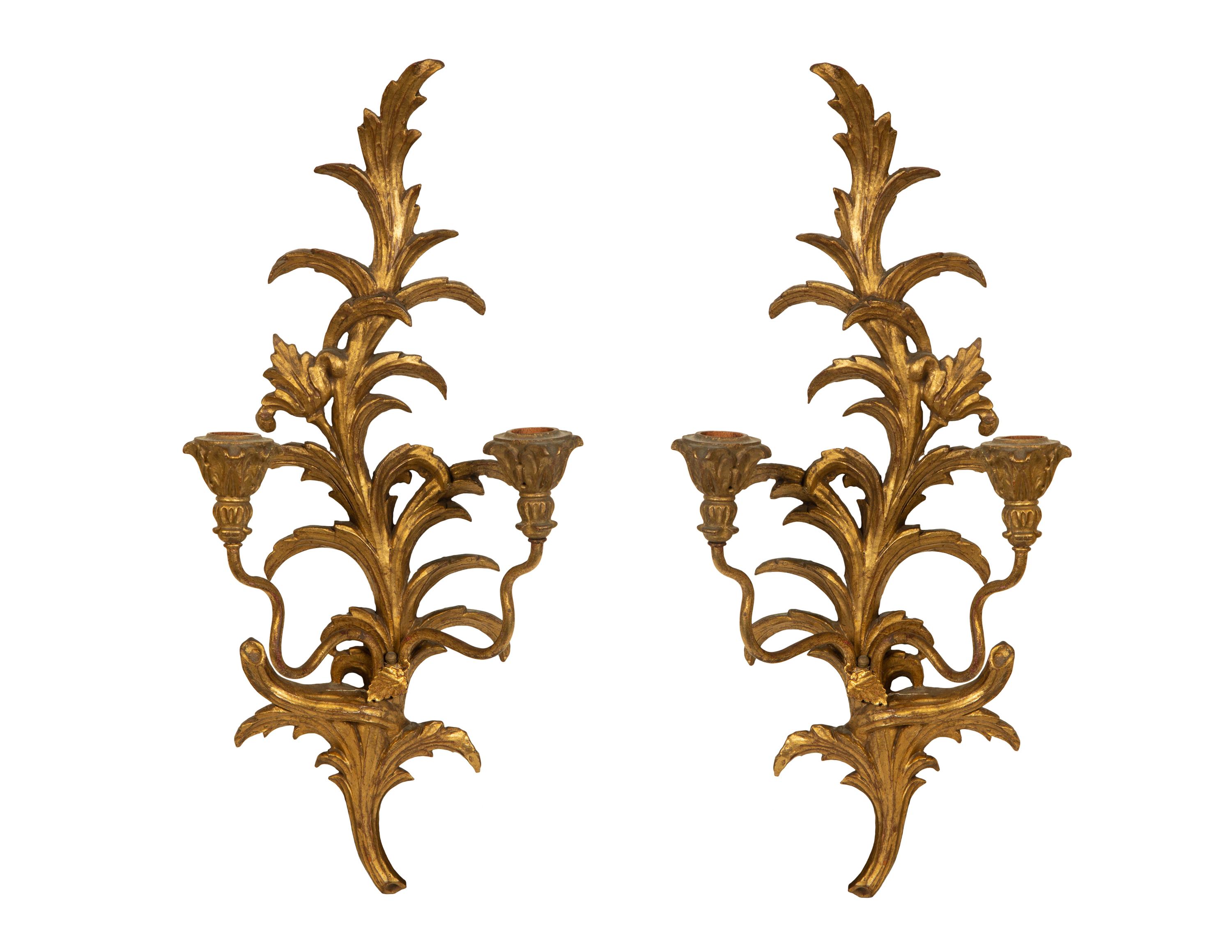 A Pair of Italian Carved Giltwood Two-Light Sconces