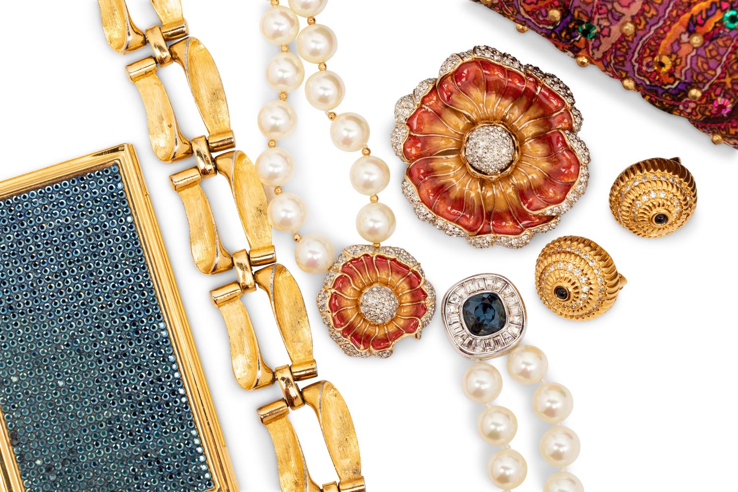 Judith Leiber Items: One Bag, One Bracelet, Two Necklaces, One Brooch, Earrings, and One Metal Card Case, 1980-90s