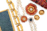 Judith Leiber Items: One Bag, One Bracelet, Two Necklaces, One Brooch, Earrings, and One Metal Card Case, 1980-90s