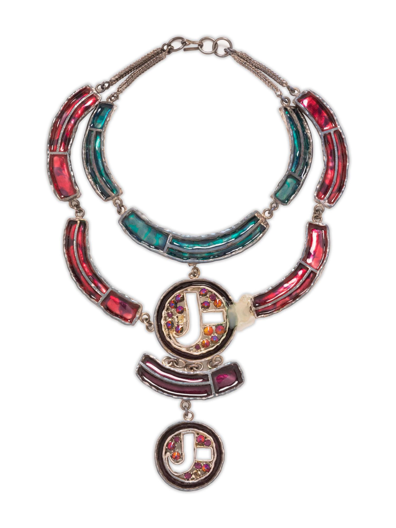 Hanae Mori Silvertone and Enamel Necklace, 1990-2000s