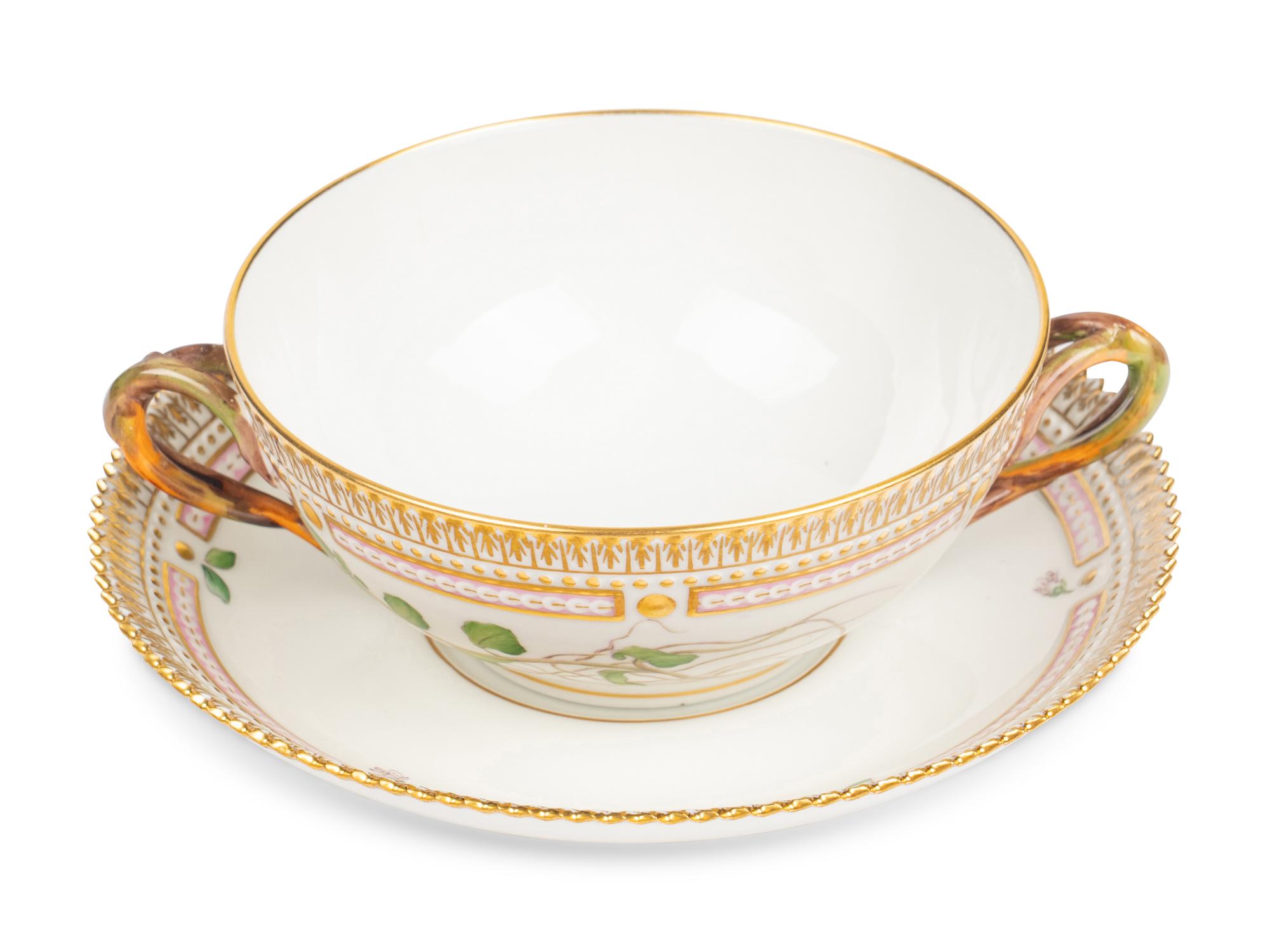 A Set of Royal Copenhagen Flora Danica Porcelain Cream Soup Bowls and Underplates
