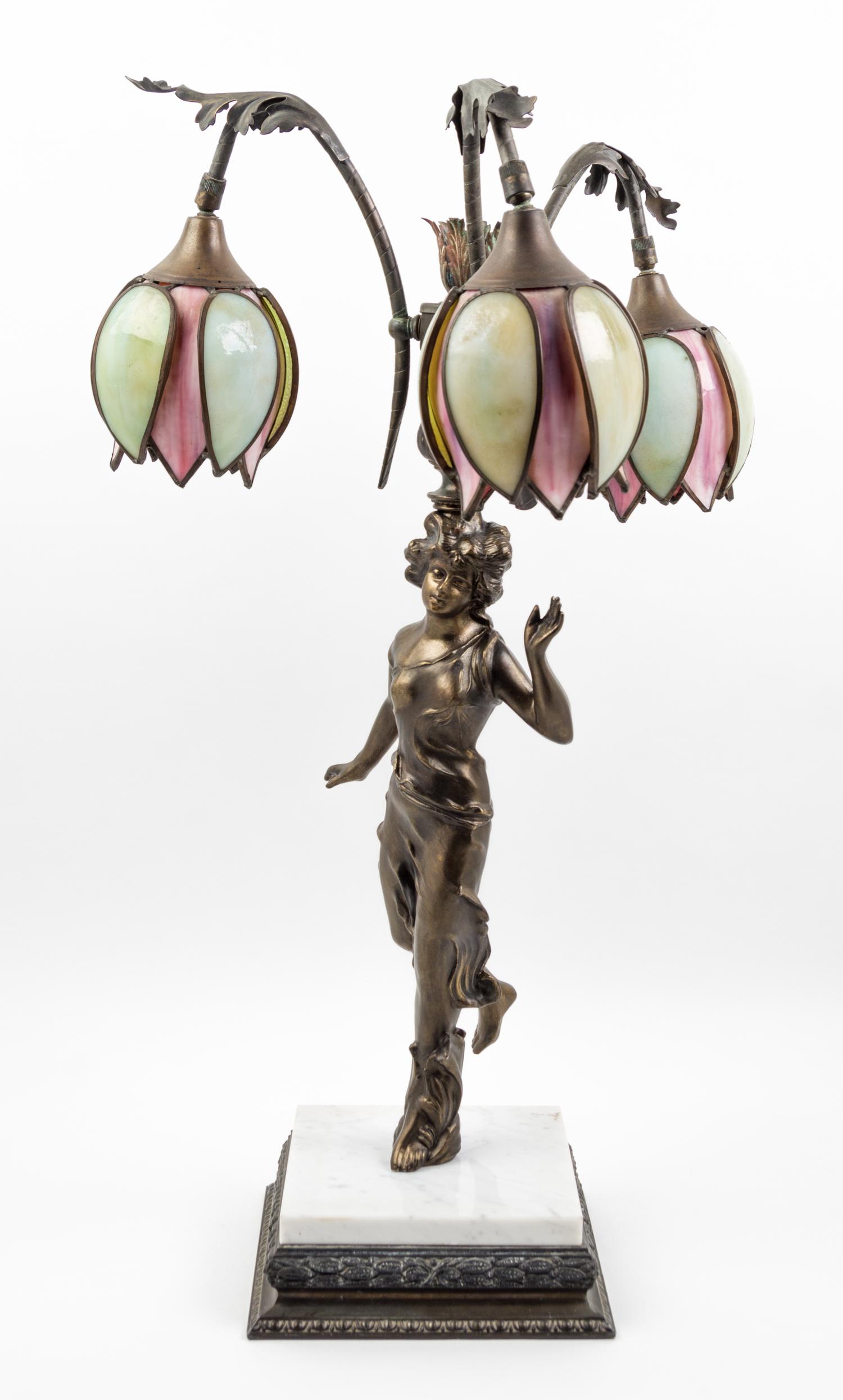 An Art Nouveau Style Slag Glass Lamp Height overall 28 1/2 inches.