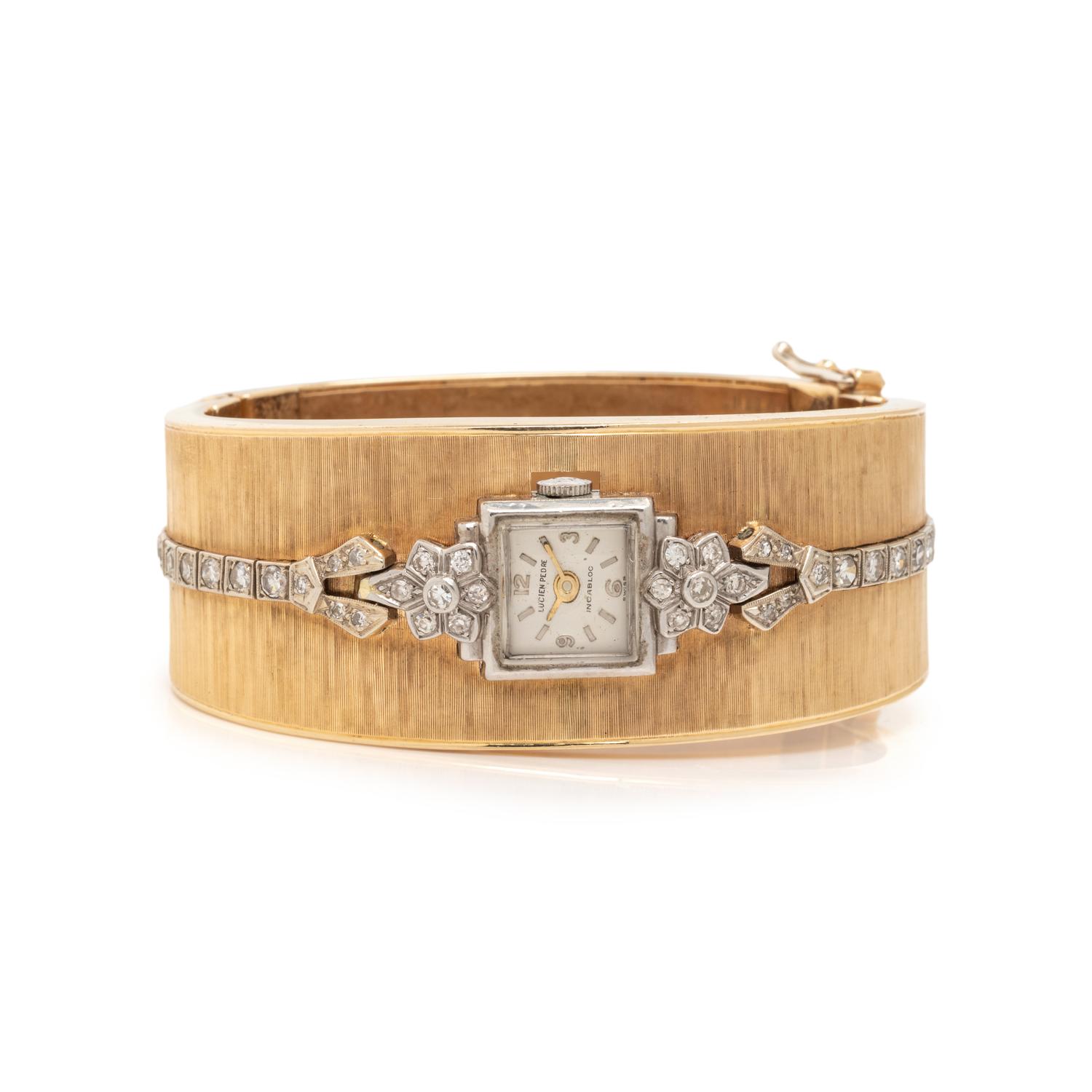 LUCIEN PEDRE, PLATINUM AND YELLOW GOLD BANGLE BRACELET WATCH