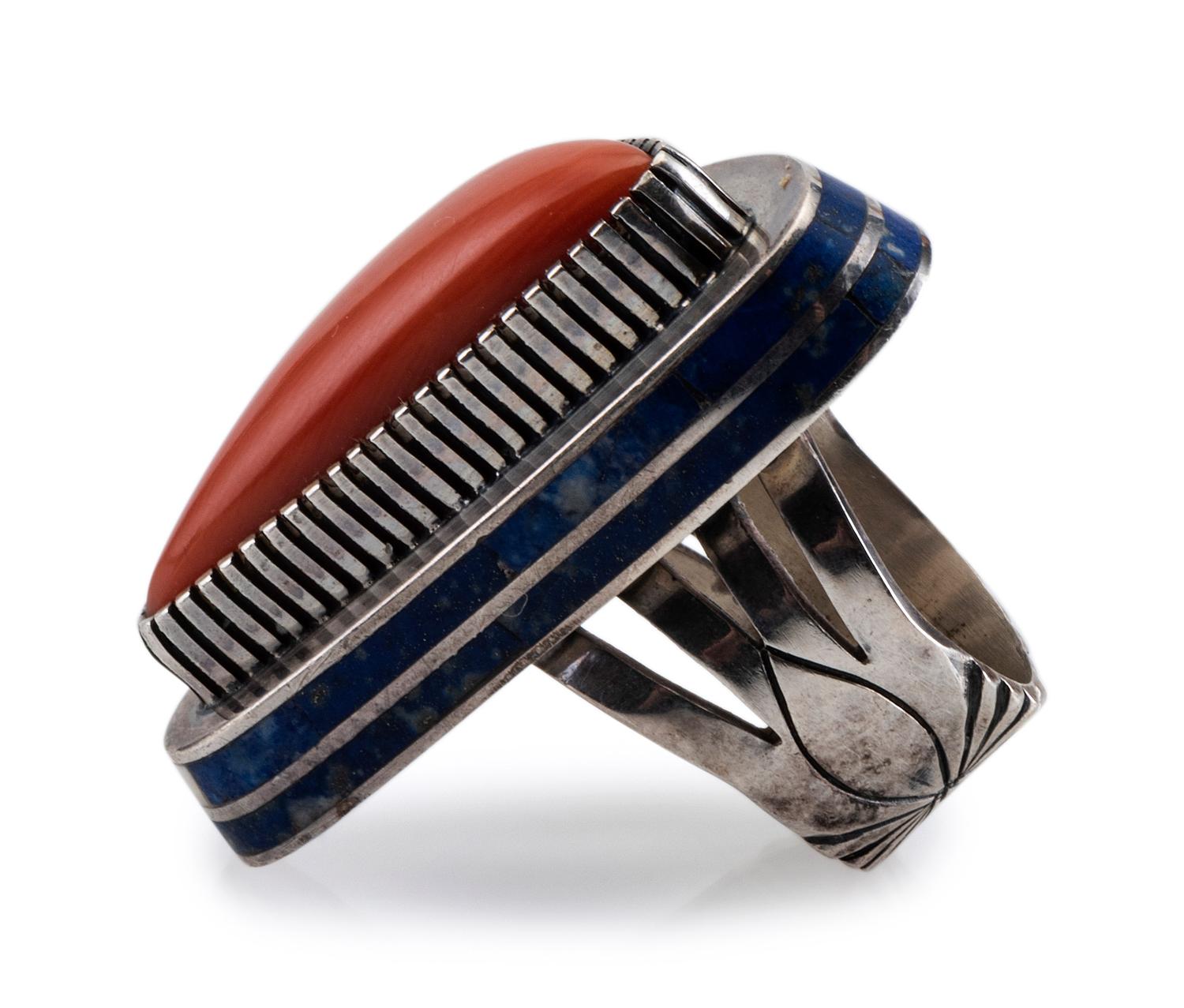 Silver, Coral, and Lapis Ring