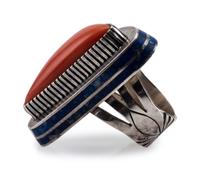 Silver, Coral, and Lapis Ring