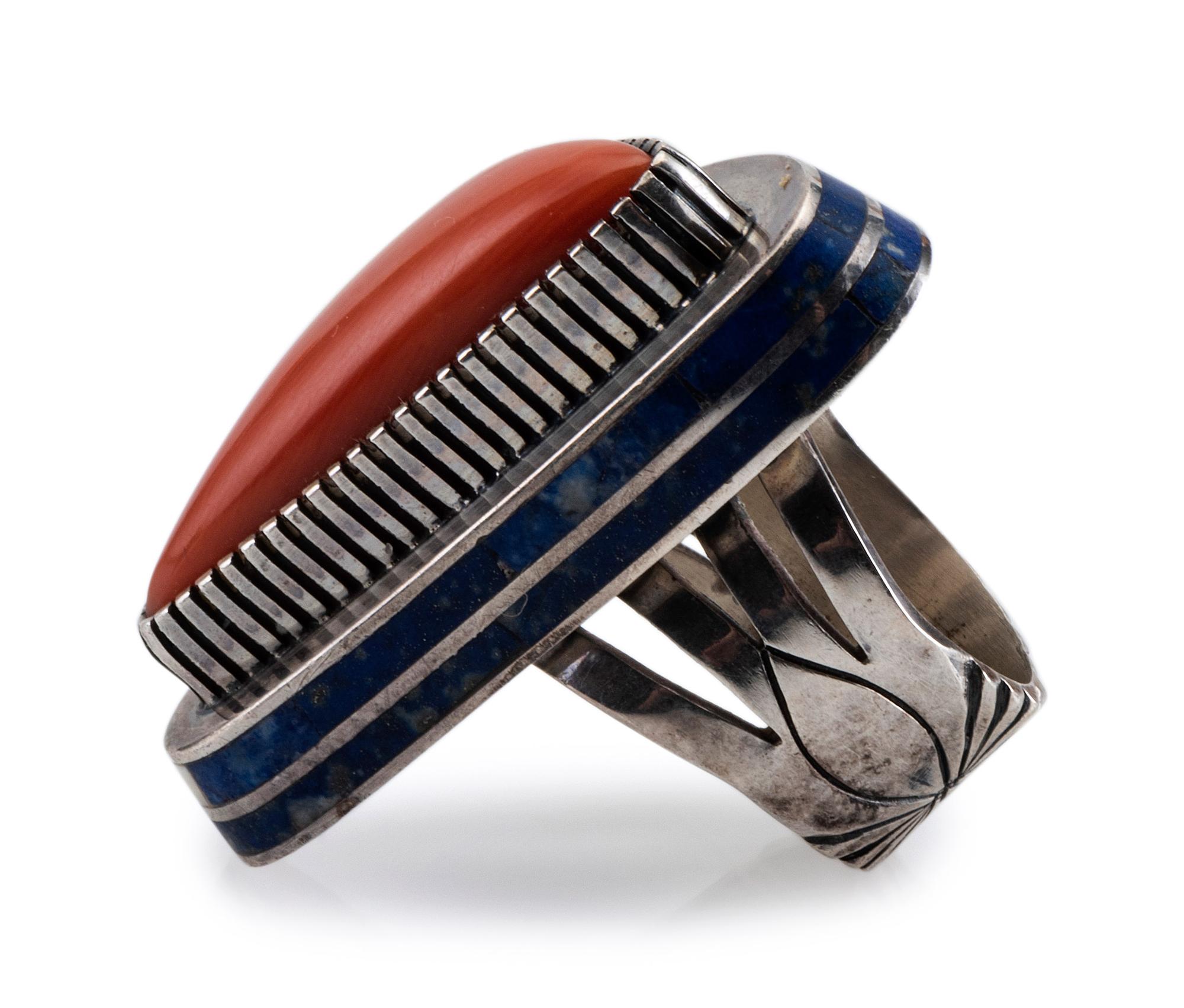Silver, Coral, and Lapis Ring