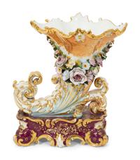 A Signed Jacob Petit Porcelain Cornucopia Vase on a Serpentine Base