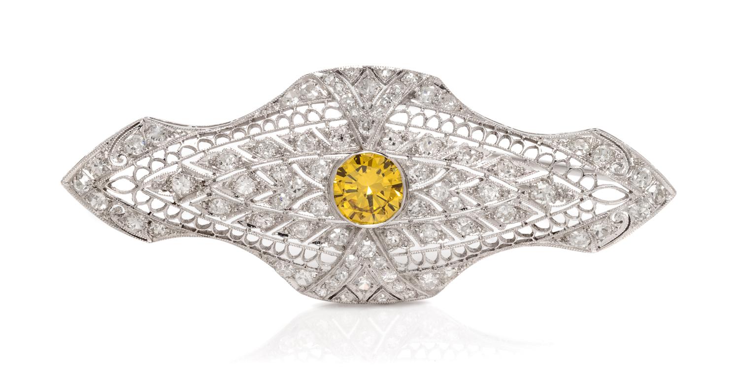 A Platinum, Colored Diamond and Diamond Brooch, 6.50 dwts.