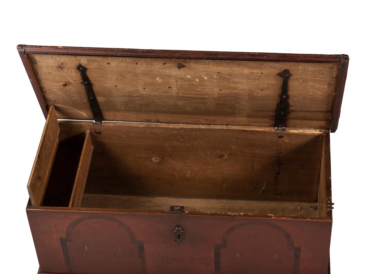 A Chippendale Red and Black Paint Decorated Wrought-Iron Mounted Poplar Blanket Chest