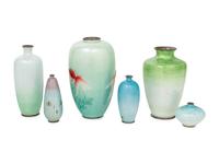 Six Japanese Green-Ground Ginbari Cloisonné Vases