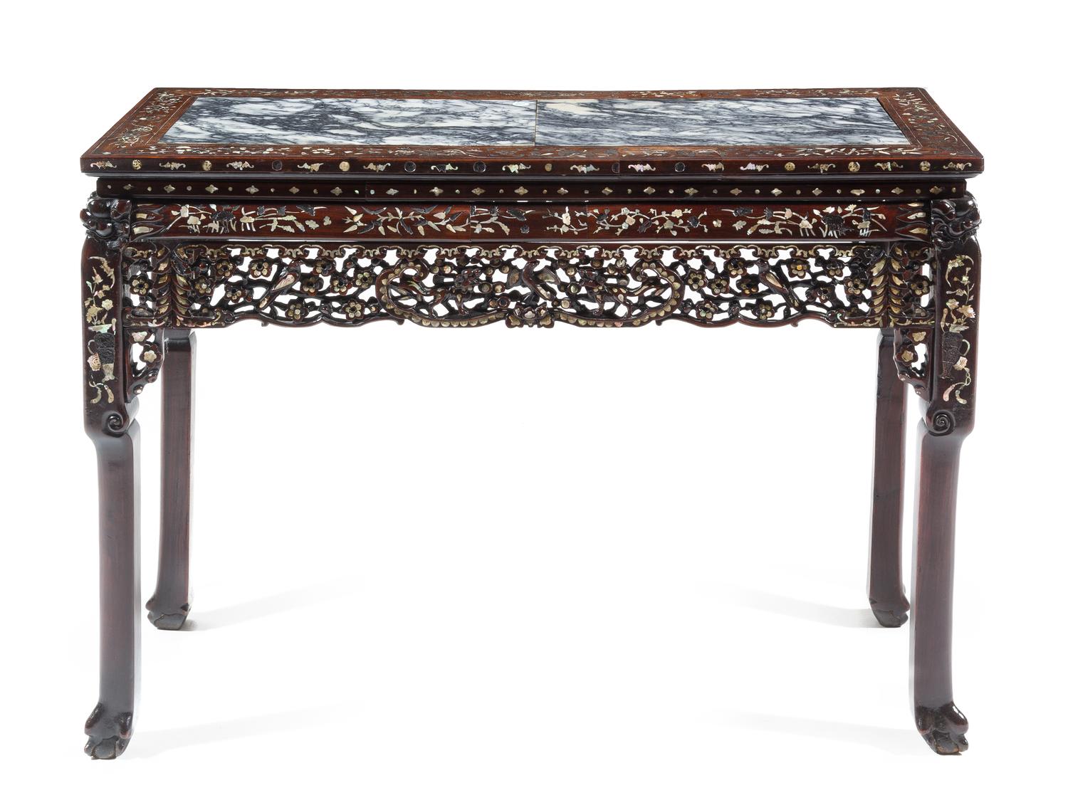 A Chinese Export Marble Inset and Mother-of-Pearl Inlaid Rosewood Table — 19TH/20TH CENTURY