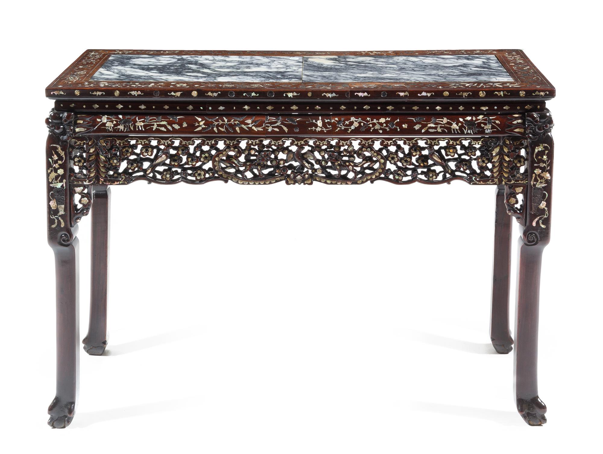 A Chinese Export Marble Inset and Mother-of-Pearl Inlaid Rosewood Table — 19TH/20TH CENTURY
