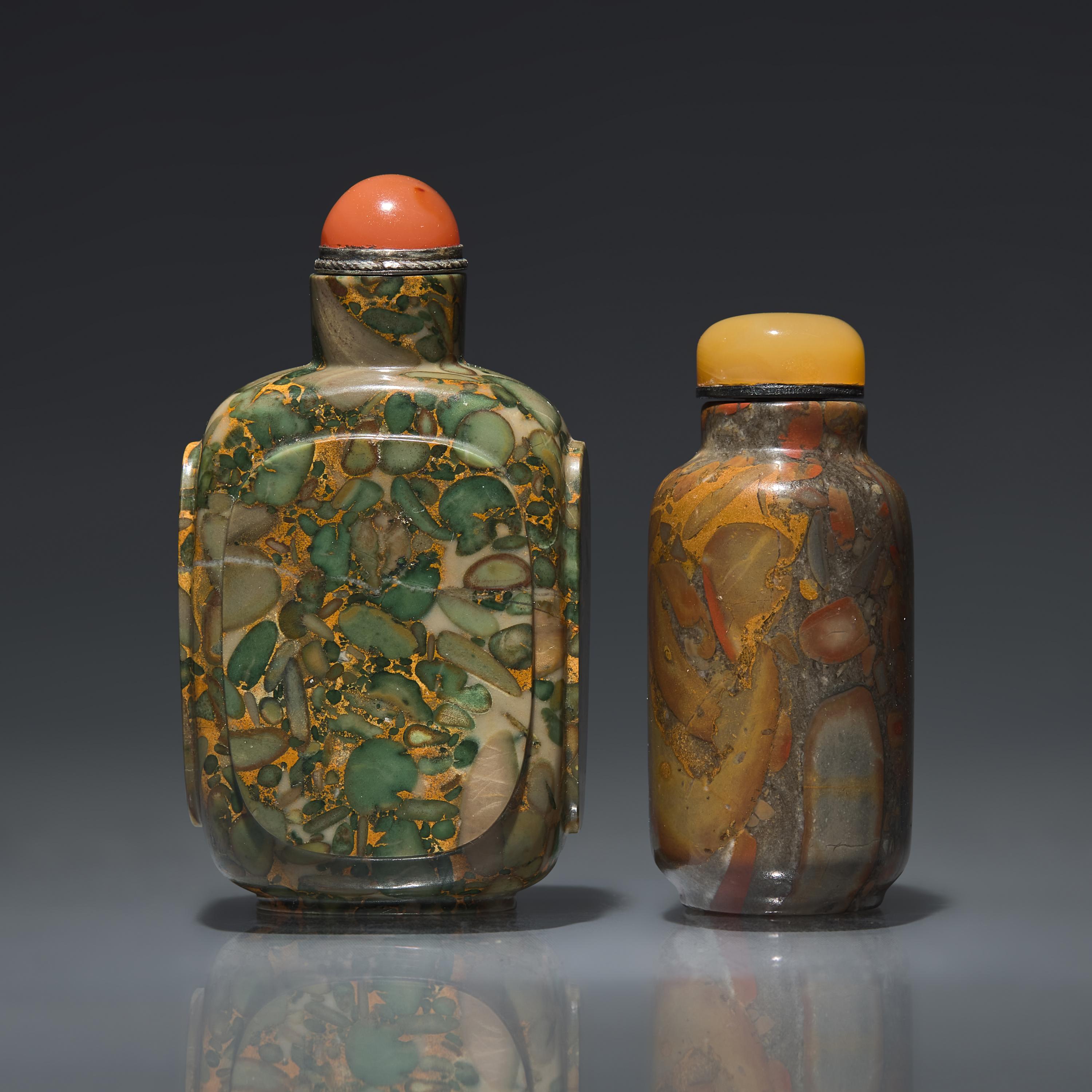 Two Chinese Puddingstone Snuff Bottles, Qing Dynasty, Circa 1750-1860