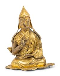 A Tibetan Gilt Bronze Repoussé Seated Figure of Tsongkhapa