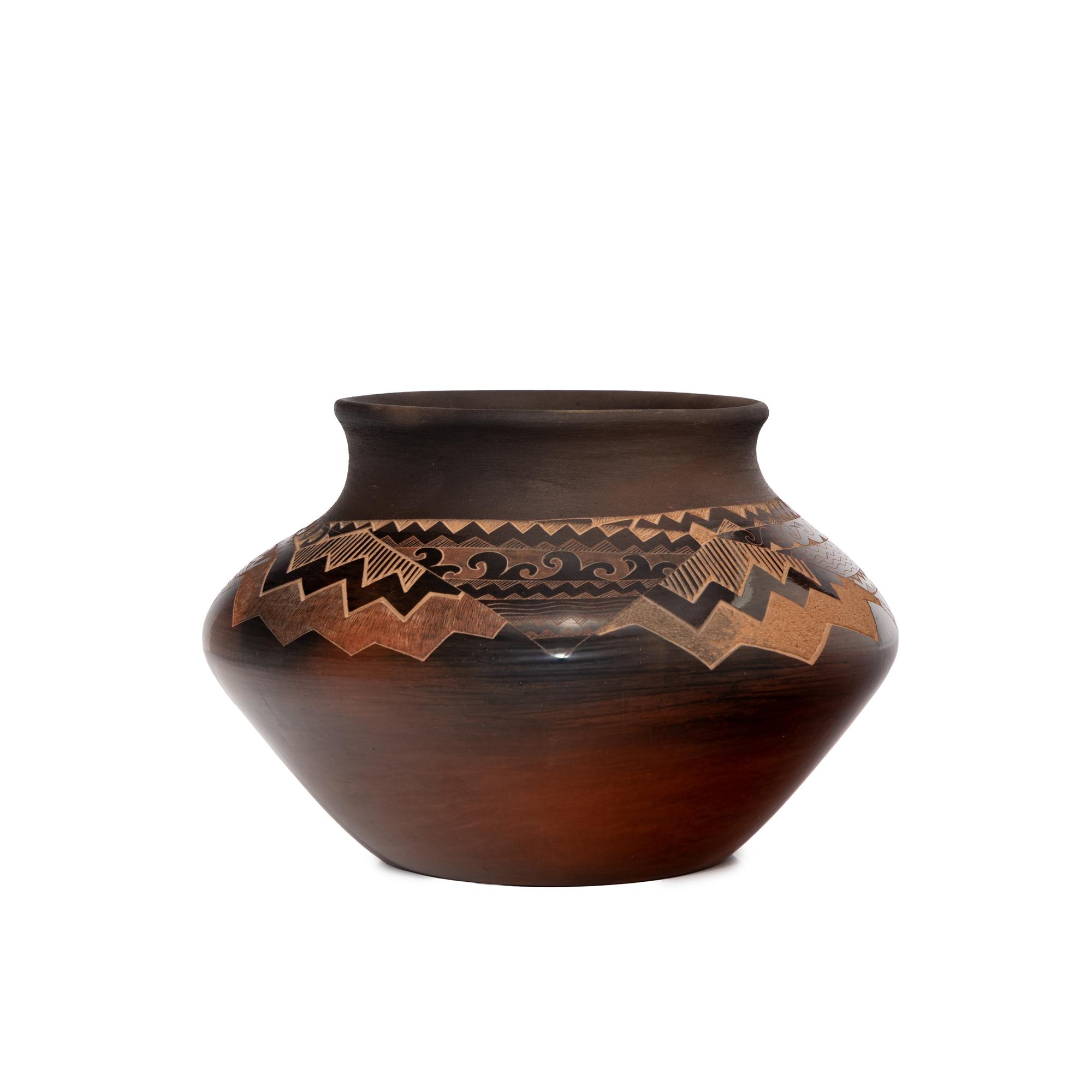 Black and Tan Sgraffito Pottery Jar, Geometric Elements