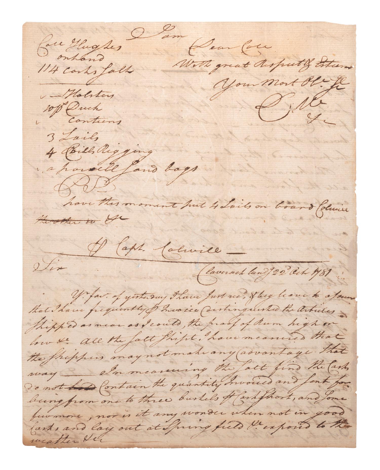 [REVOLUTIONARY WAR]. Manuscript document signed ("D.M."?), to Captain Colville? Claverack, NY, 22 October 1781.