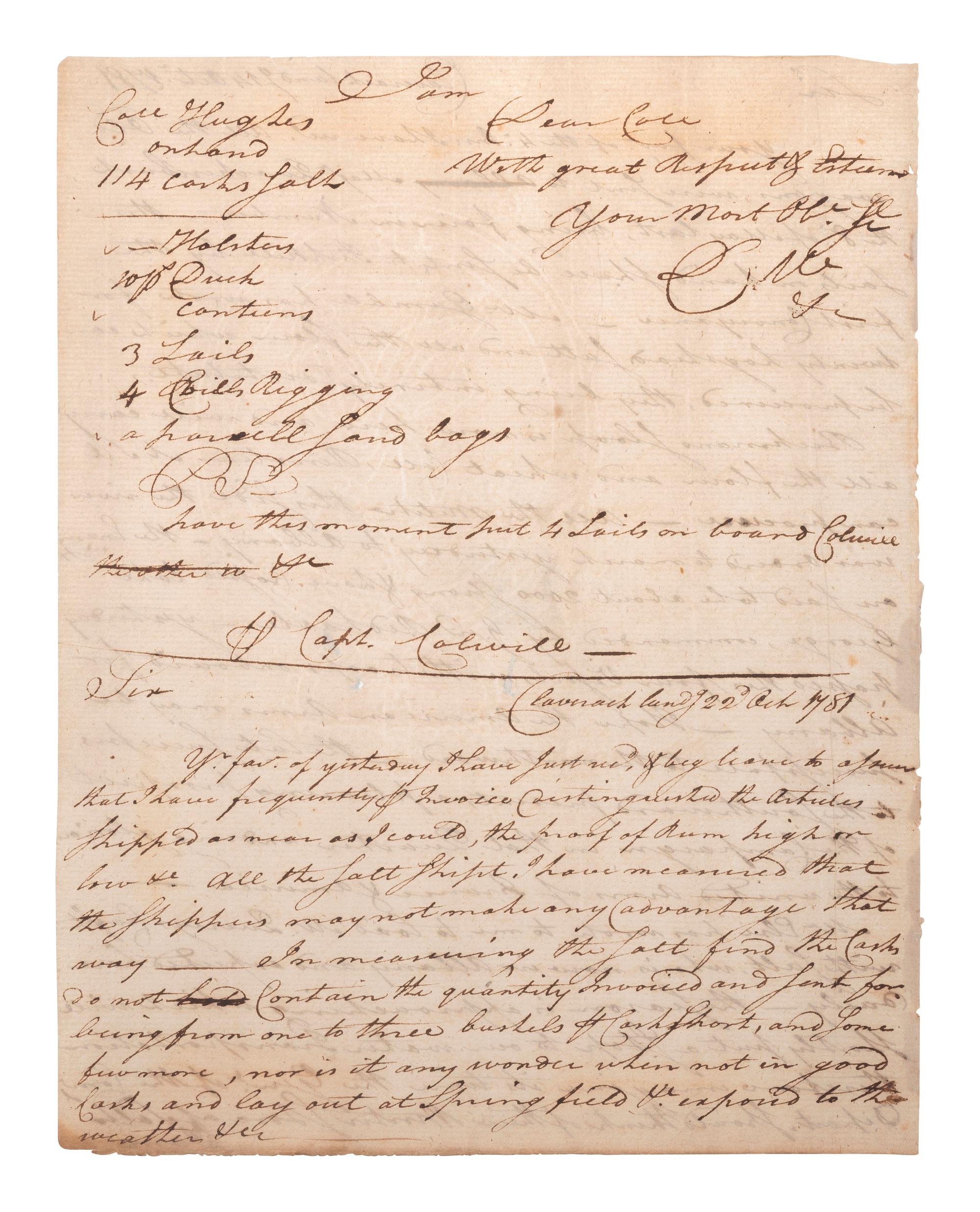 [REVOLUTIONARY WAR]. Manuscript document signed ("D.M."?), to Captain Colville? Claverack, NY, 22 October 1781.