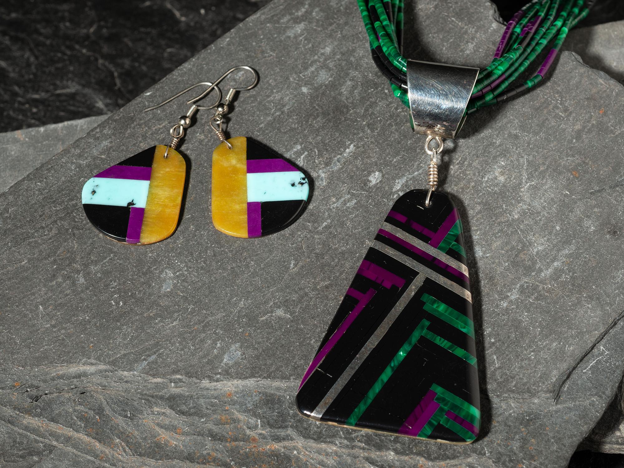 Multi-strand Necklace Featuring a Mosaic Inlay Pendant, with Matching Earrings