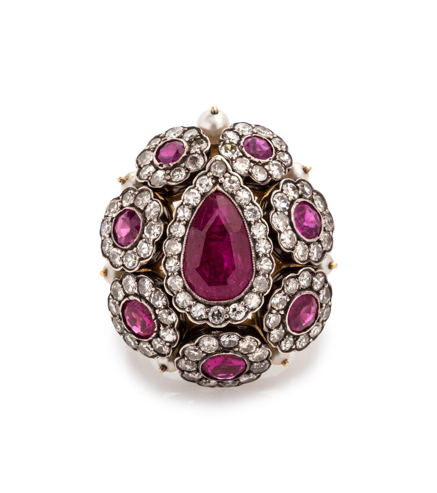 Ruby, Diamond and Cultured Pearl Ring