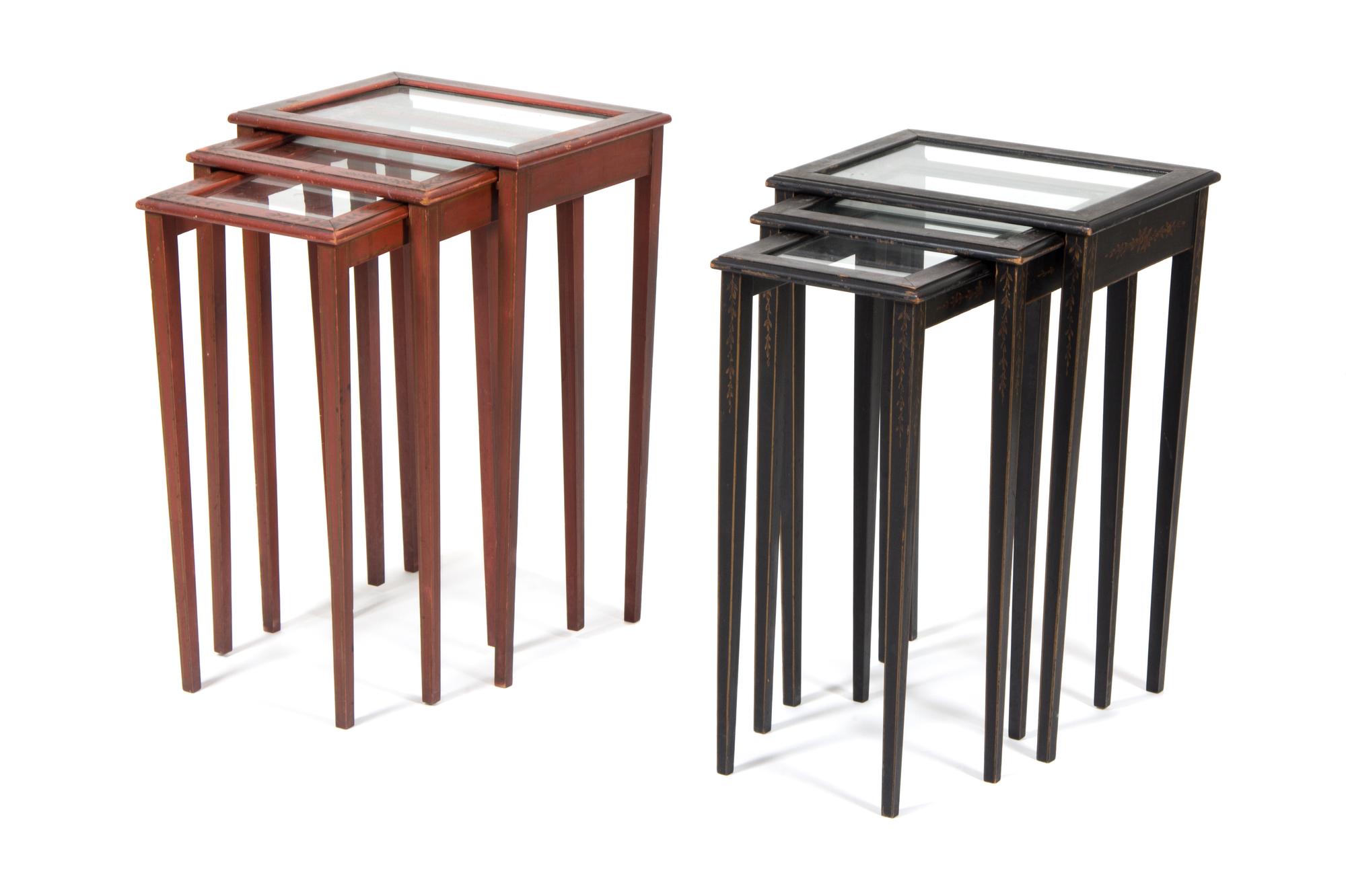 Two Sets of Lacquered Nesting Tables Height 21 x width 14 1/2 x depth 11 1/2 inches.