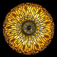 A Tiffany Studios Favrile Glass and Gilt Bronze Drophead Dragonfly Table Lamp Diameter of shade 22 1/2 inches, height overall 31 inches