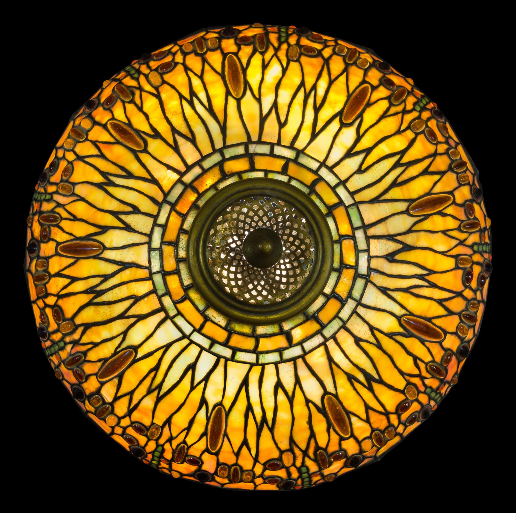 A Tiffany Studios Favrile Glass and Gilt Bronze Drophead Dragonfly Table Lamp Diameter of shade 22 1/2 inches, height overall 31 inches