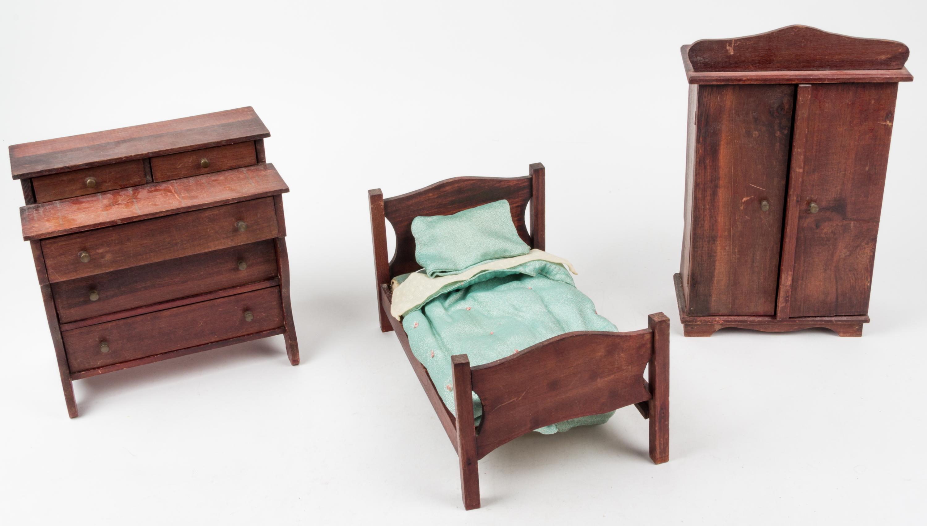 A Collection of American Doll Bedroom Furniture Height of tallest 11 1/4 inches.