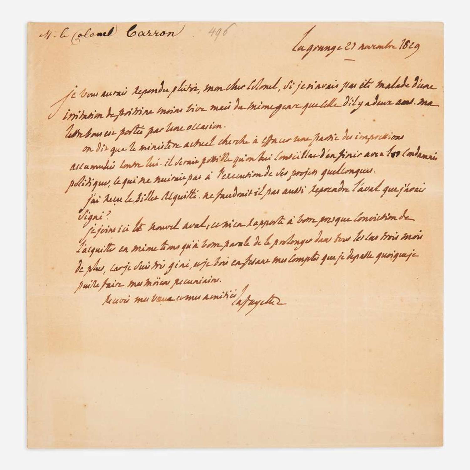 [Americana] Lafayette, Marquis de Autograph Letter, signed