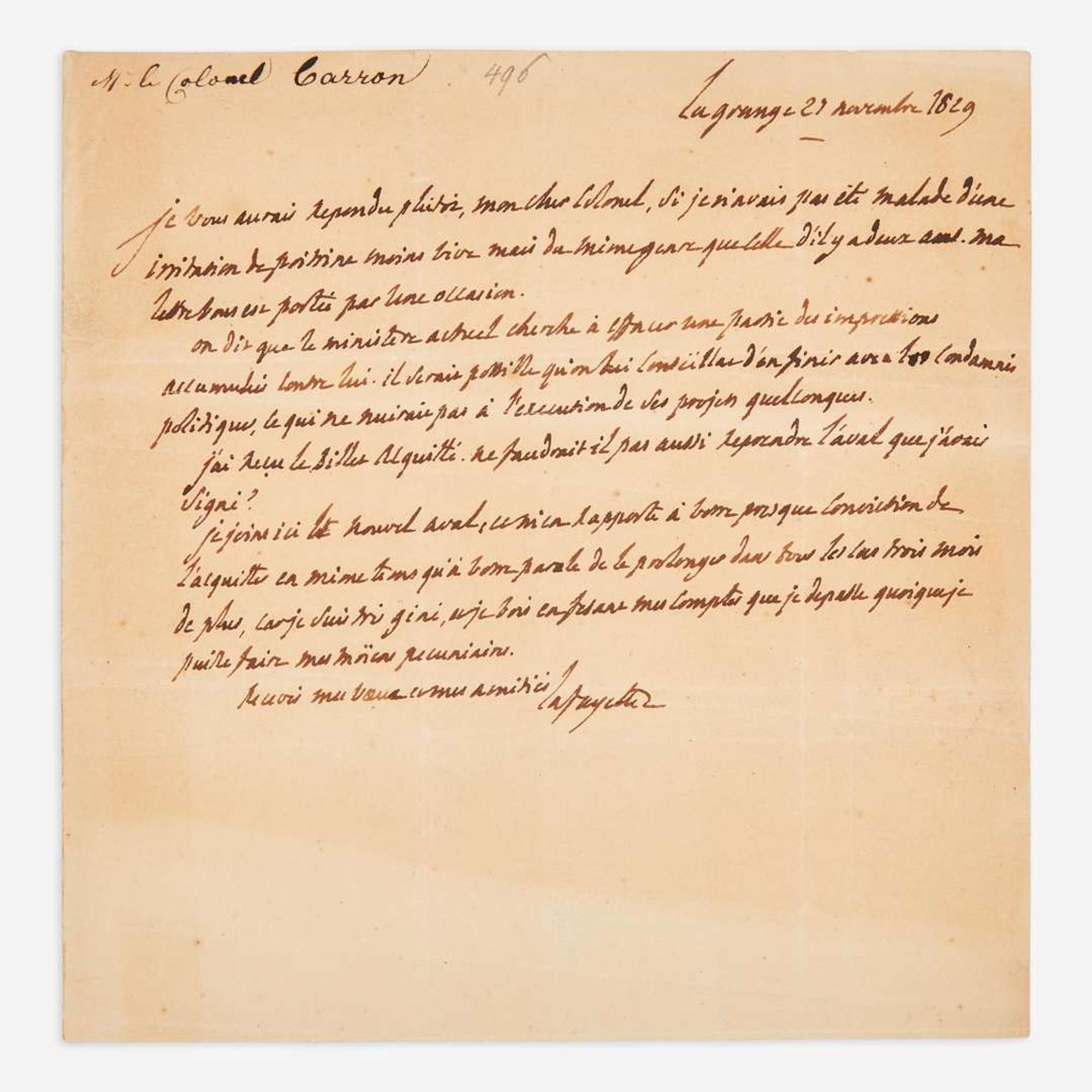[Americana] Lafayette, Marquis de Autograph Letter, signed
